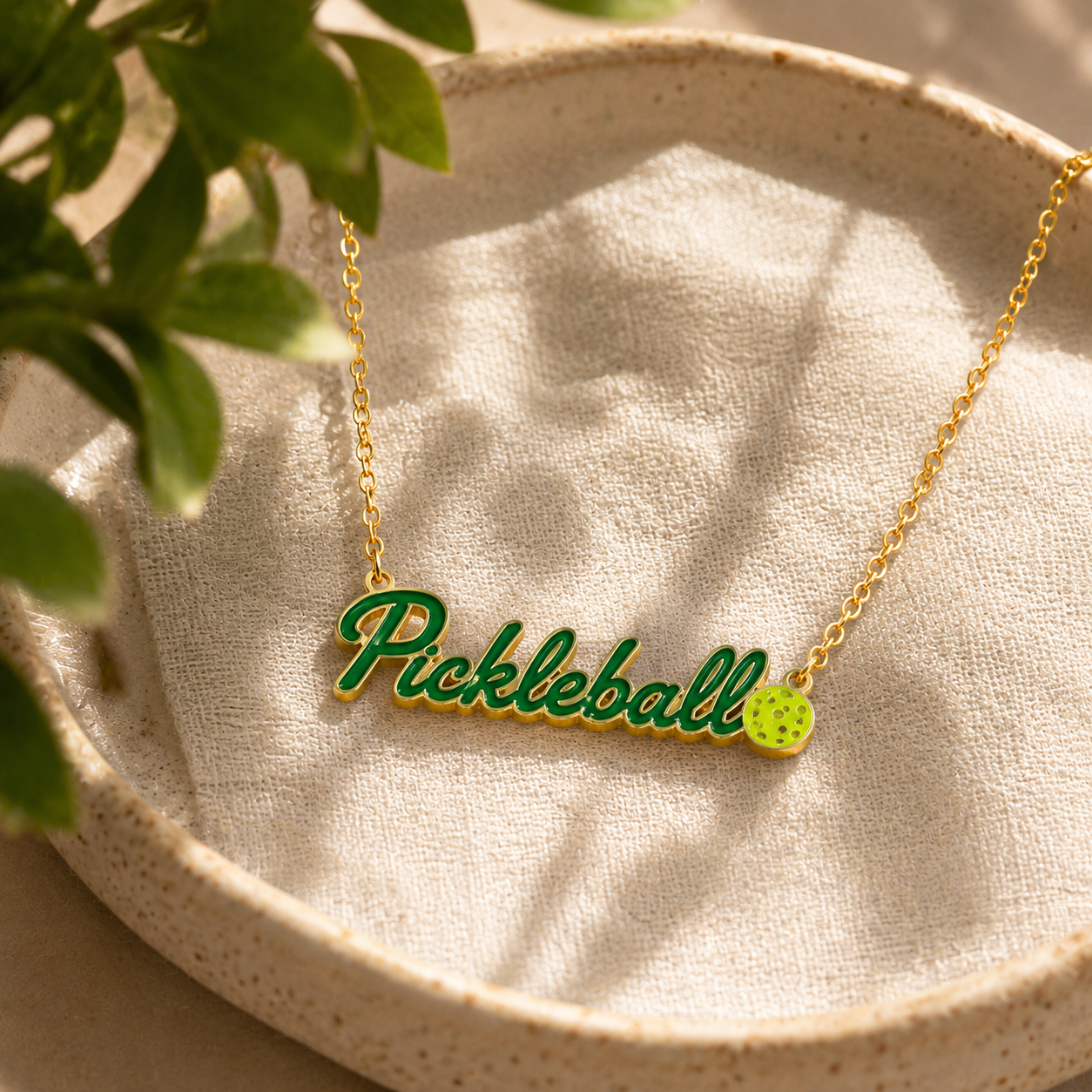 Green PICKLEBALL script necklace in a jewelry box