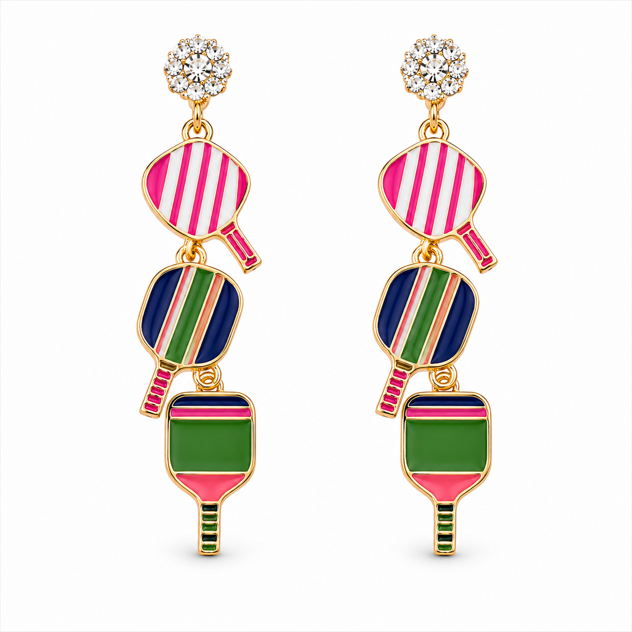 Triple-linked pickleball pearl cluster earrings on white