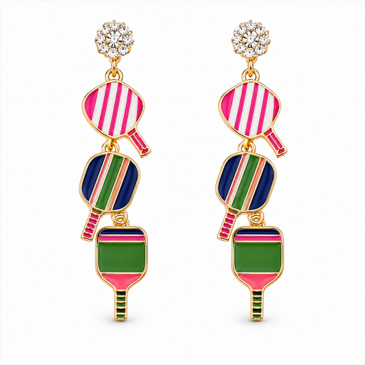 Triple-linked pickleball pearl cluster earrings on white
