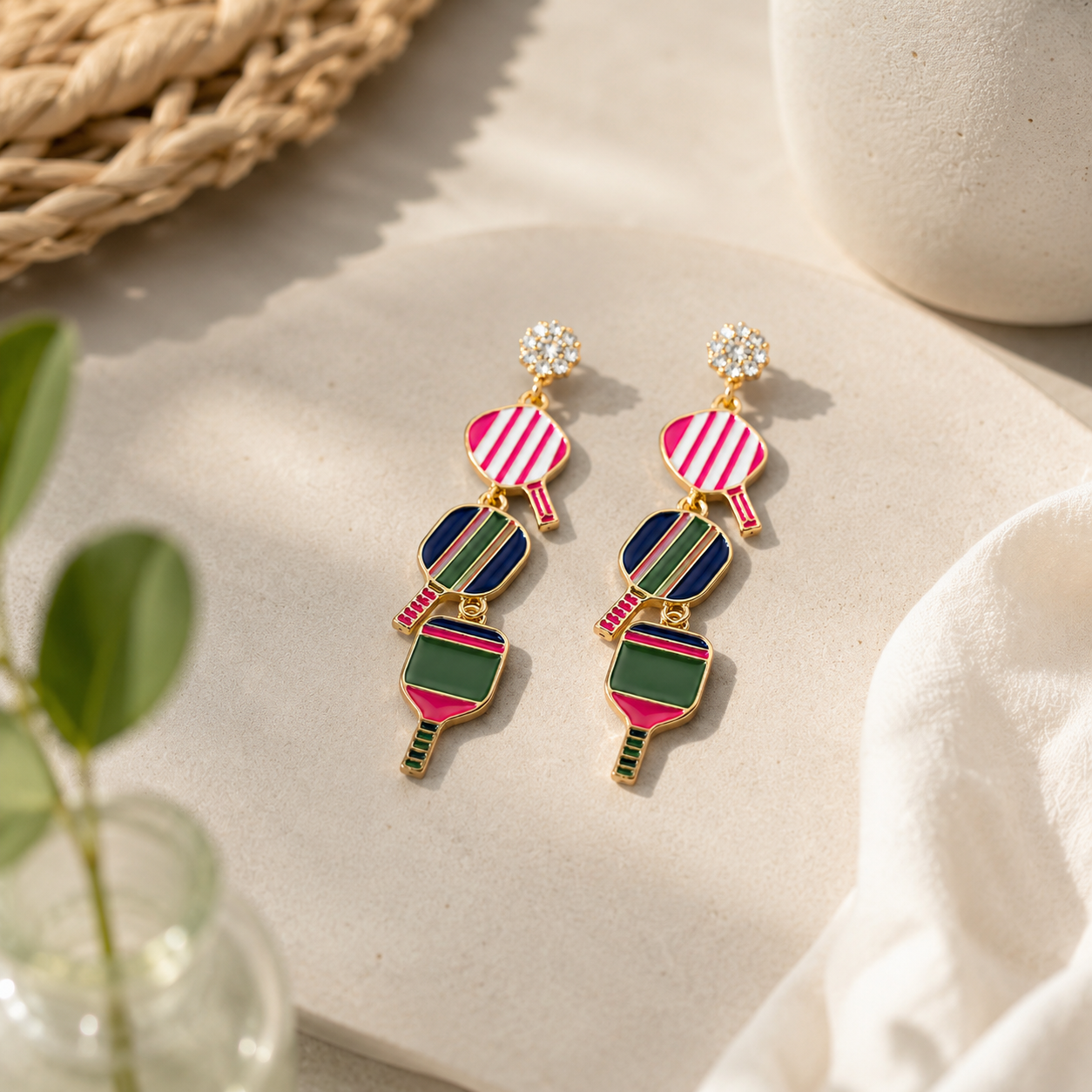 Triple-linked pickleball pearl earrings in a jewelry box