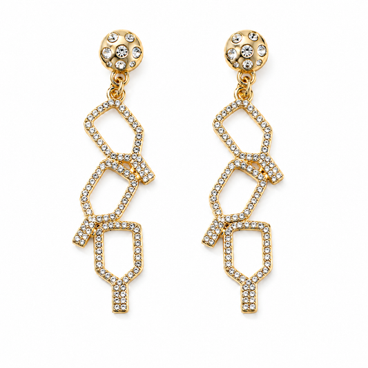 Gold-dipped linked pickleball earrings on a white background