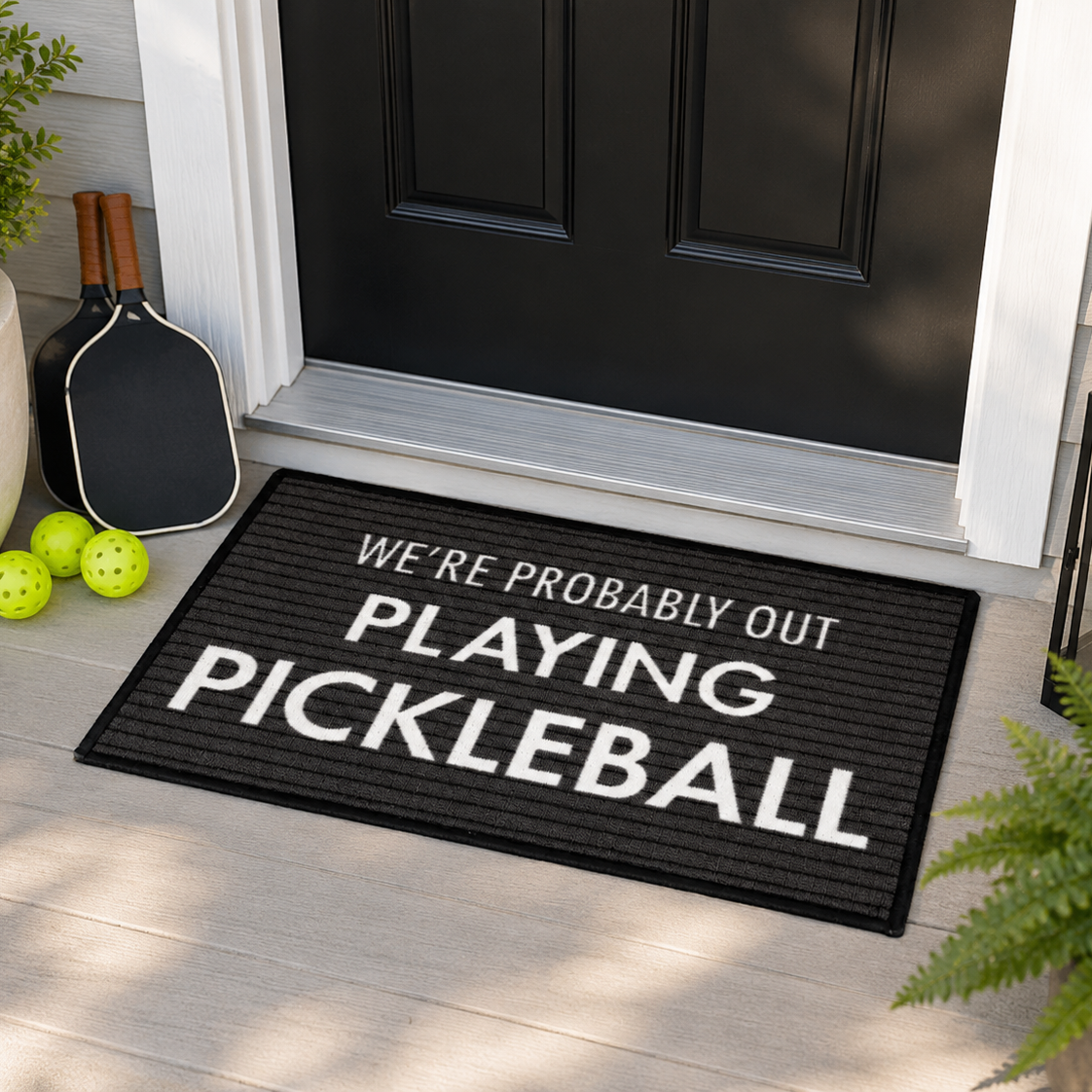 A black rectangular doormat with white text reading 'WE'RE PROBABLY OUT PLAYING PICKLEBALL' placed on a porch in front of a black door, surrounded by pickleball paddles, balls, plants, and a lantern.