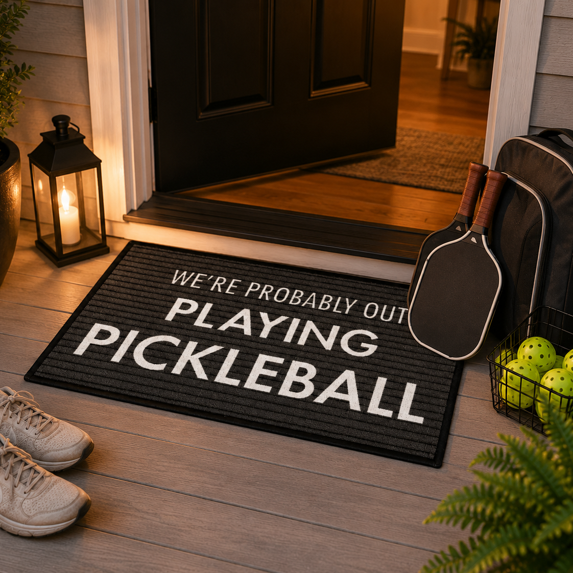 A black porch doormat with white text reading 'WE'RE PROBABLY OUT PLAYING PICKLEBALL' is placed in front of a house door. A black backpack, two pickleballs, and two picklepucks lean against the door, with a pair of shoes nearby on a wooden porch floor.