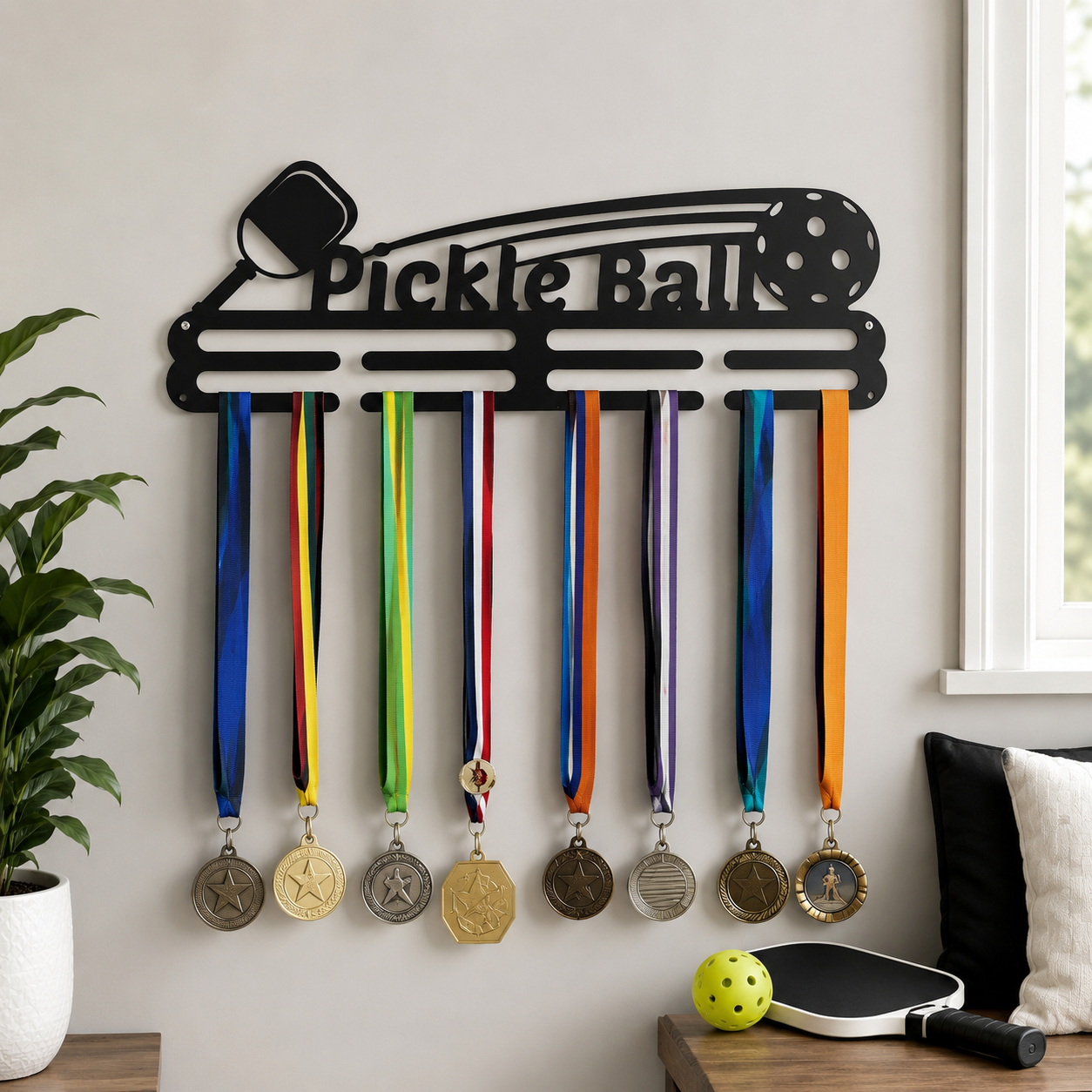 A black metal pickleball-themed wall rack with the words 'Pickle Ball' and hanging colorful ribbons and medals, shown mounted on a light gray wall in a styled room with a plant, window, and table.