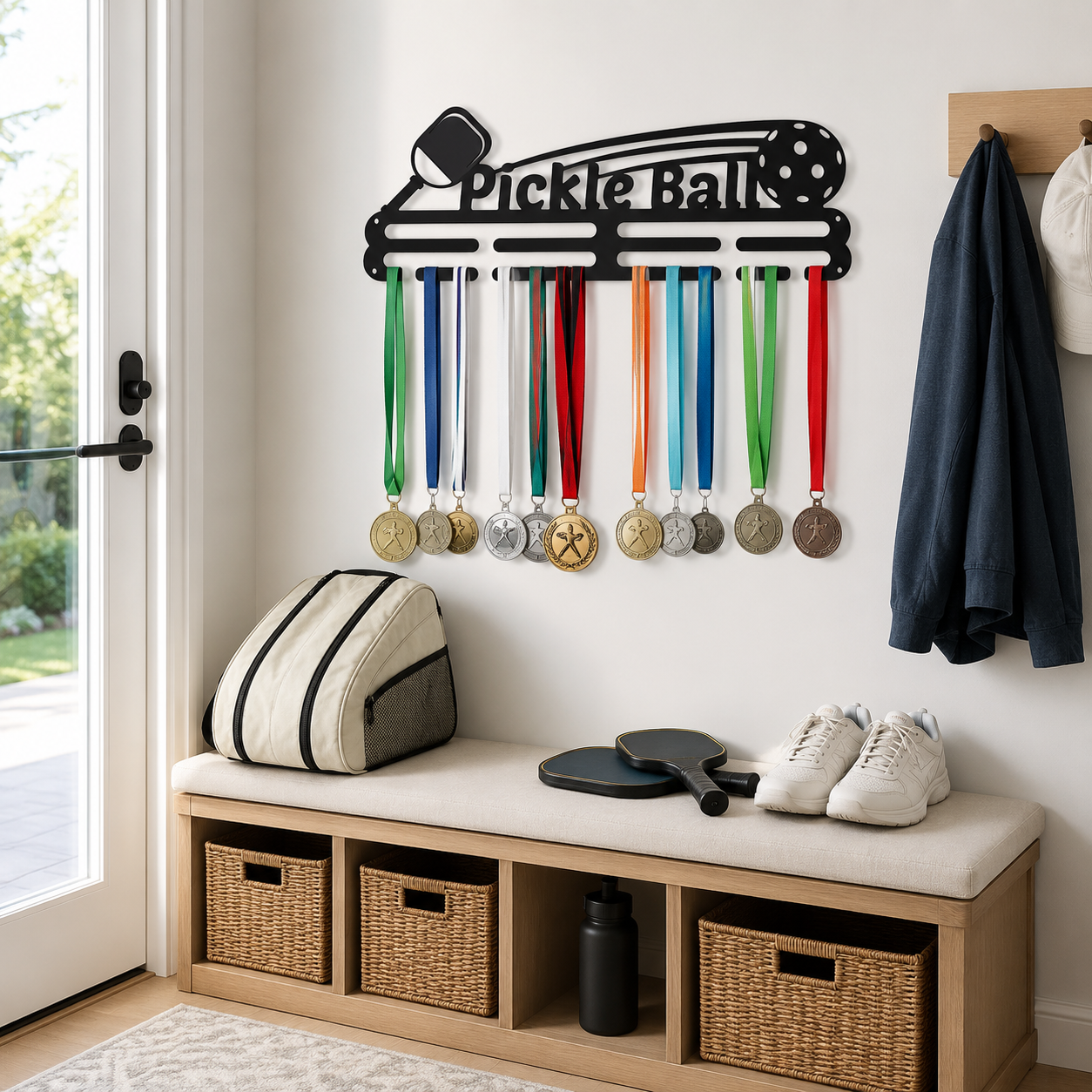 A black metal pickleball-themed wall rack mounted on a white wall, holding multiple sports medals. Below the rack is a light wood entryway bench with a cream cushion, woven storage baskets, a paddle, shoes, and a bag.