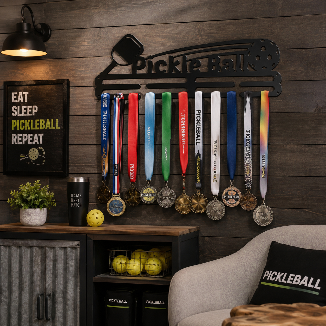 A black metal pickleball-themed wall rack mounted on a dark wood wall, holding multiple colorful pickleball medals with ribbons. The setup is styled in a home environment with a wooden cabinet, pickleballs, a lamp, and a chair with a pillow.