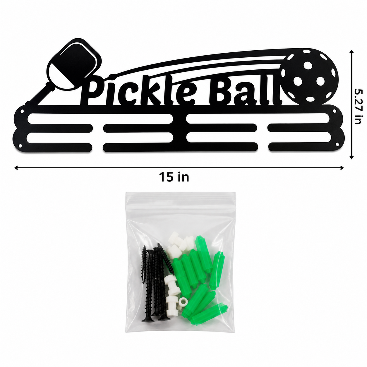 Black metal pickleball wall decor sign with a 15-inch by 5.27-inch silhouette design, shown above a clear bag of mounting screws, washers, and green wall anchors on a white background.