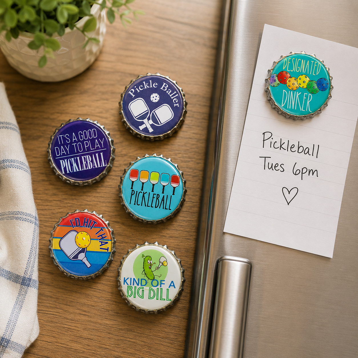 Six round bottle-cap-style magnets with pickleball-themed designs are arranged on a wooden tabletop next to a metal refrigerator door holding a white note. No person or animal is present, but this is a styled real-environment product shot rather than a clean isolated studio image, so Product/Packaging fits better than Lifestyle.