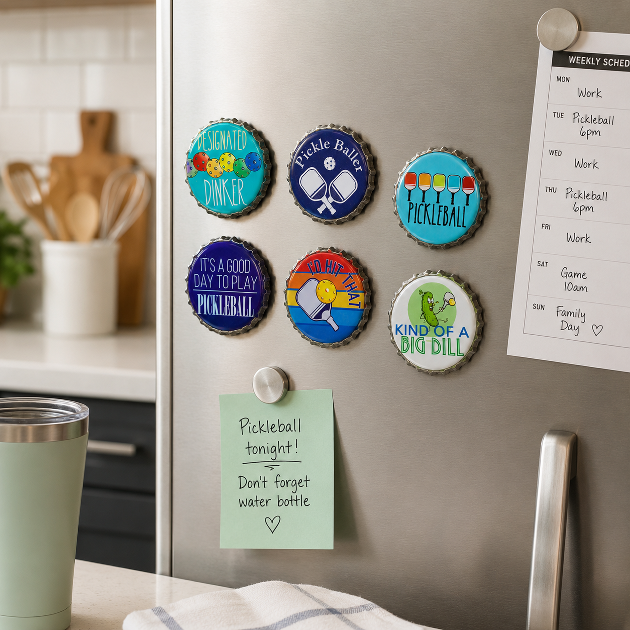 Six round pickleball-themed refrigerator magnets are displayed on a stainless steel kitchen refrigerator, next to a weekly schedule note and a green sticky note. The background shows a blurred kitchen setting.