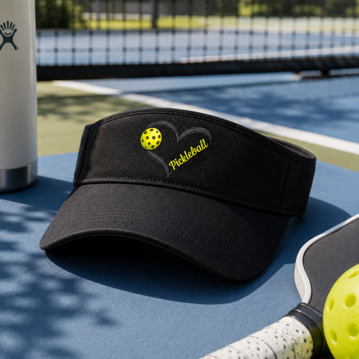 A black visor hat with a yellow pickleball and heart design on the front, placed on a blue tennis court next to a white water bottle and paddle.
