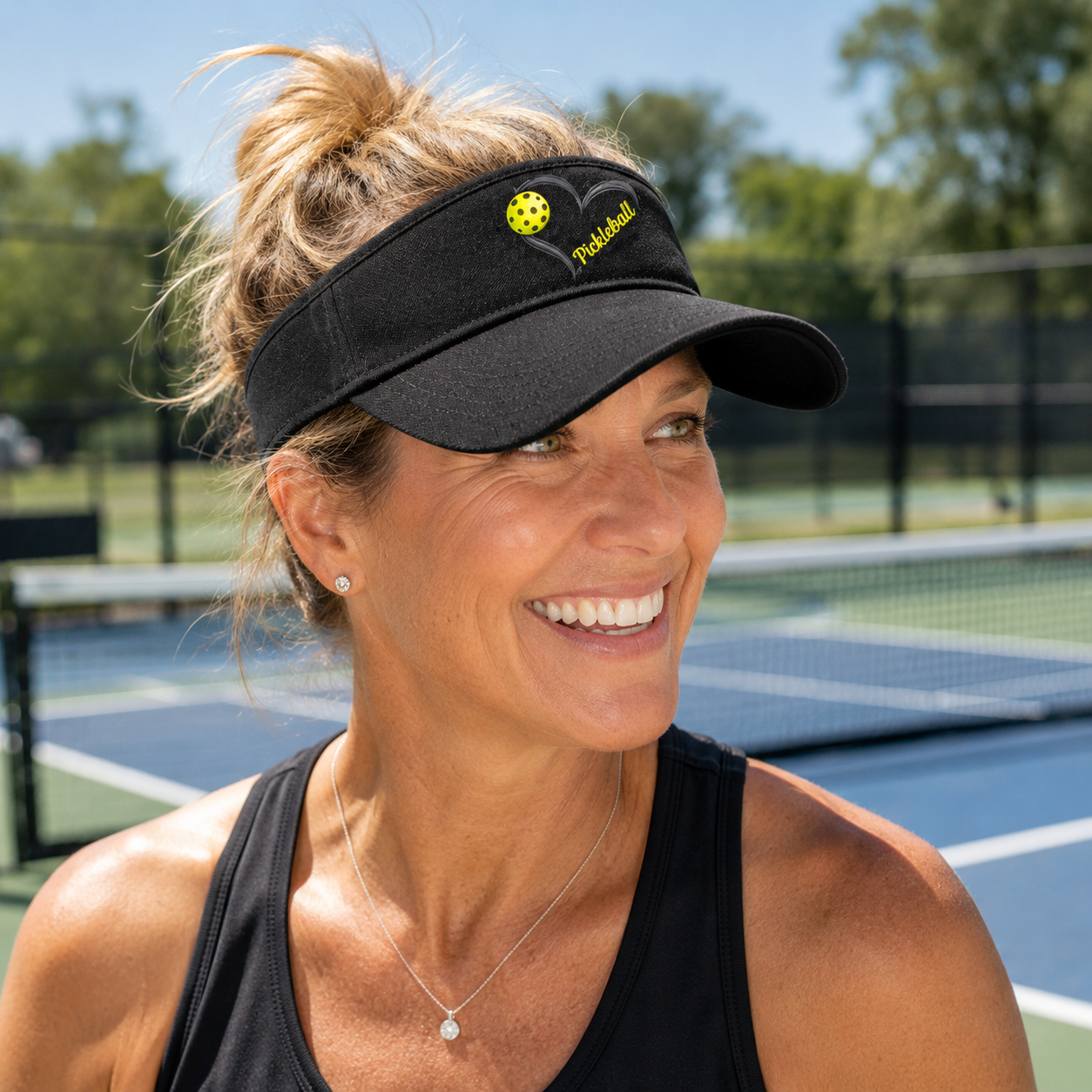 A smiling woman on a tennis court wearing a black visor with a yellow tennis ball logo and the word 'ProLide' embroidered on the side.