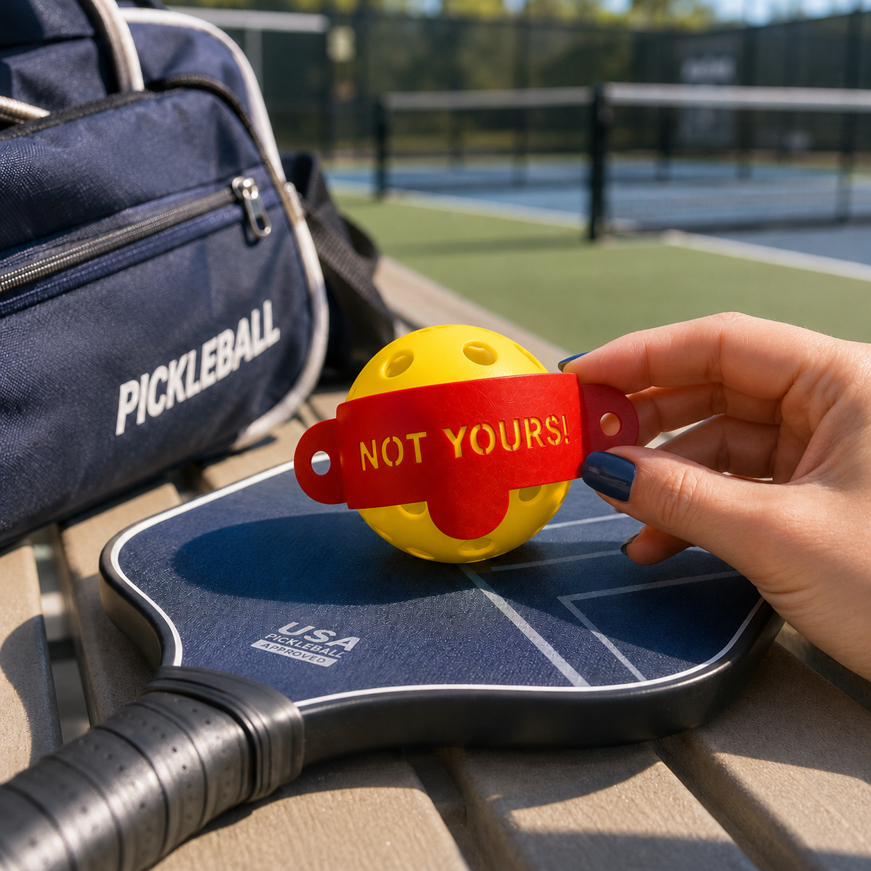 A yellow pickleball ball with a red strap tag reading 'NOT YOURS!' is held by a hand next to a navy blue pickleball paddle and a navy blue pickleball bag on a bench at an outdoor pickleball court.