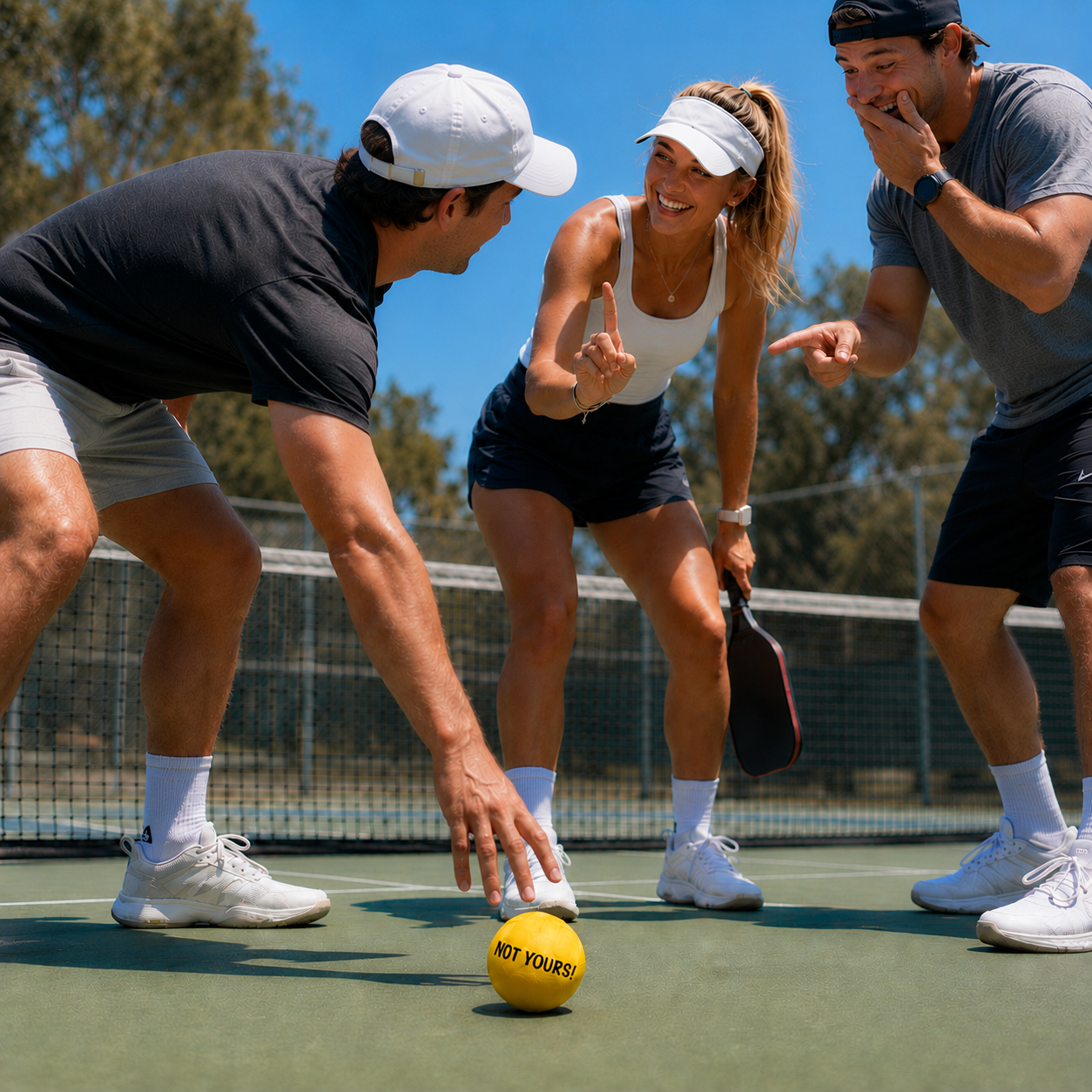 Three people playing pickleball on an outdoor court, with a yellow ball in the foreground and trees and blue sky in the background.
