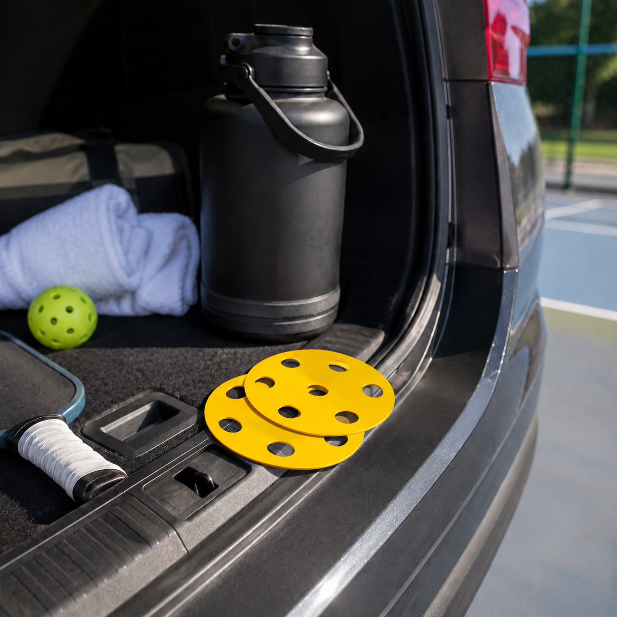 Two yellow pickleball decals are shown resting on the open trunk of a car, alongside a black water bottle, towel, and pickleball, in an outdoor court setting.