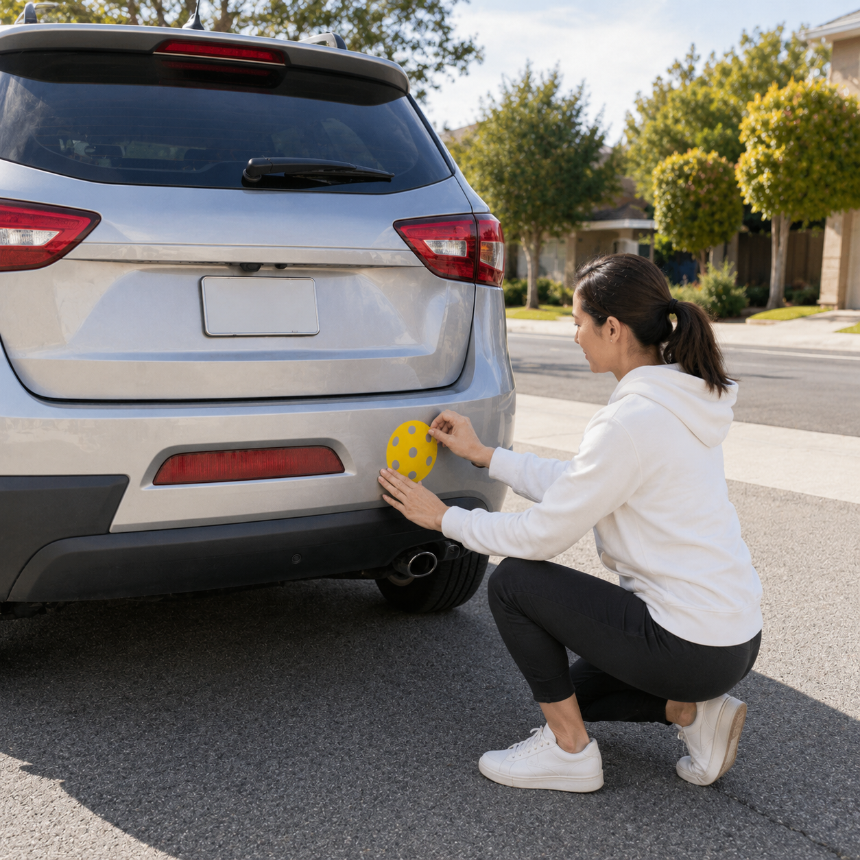 A woman in a white hoodie and black pants crouches next to the rear bumper of a silver SUV, applying a yellow circular reflective sticker to the license plate frame area on a suburban street.