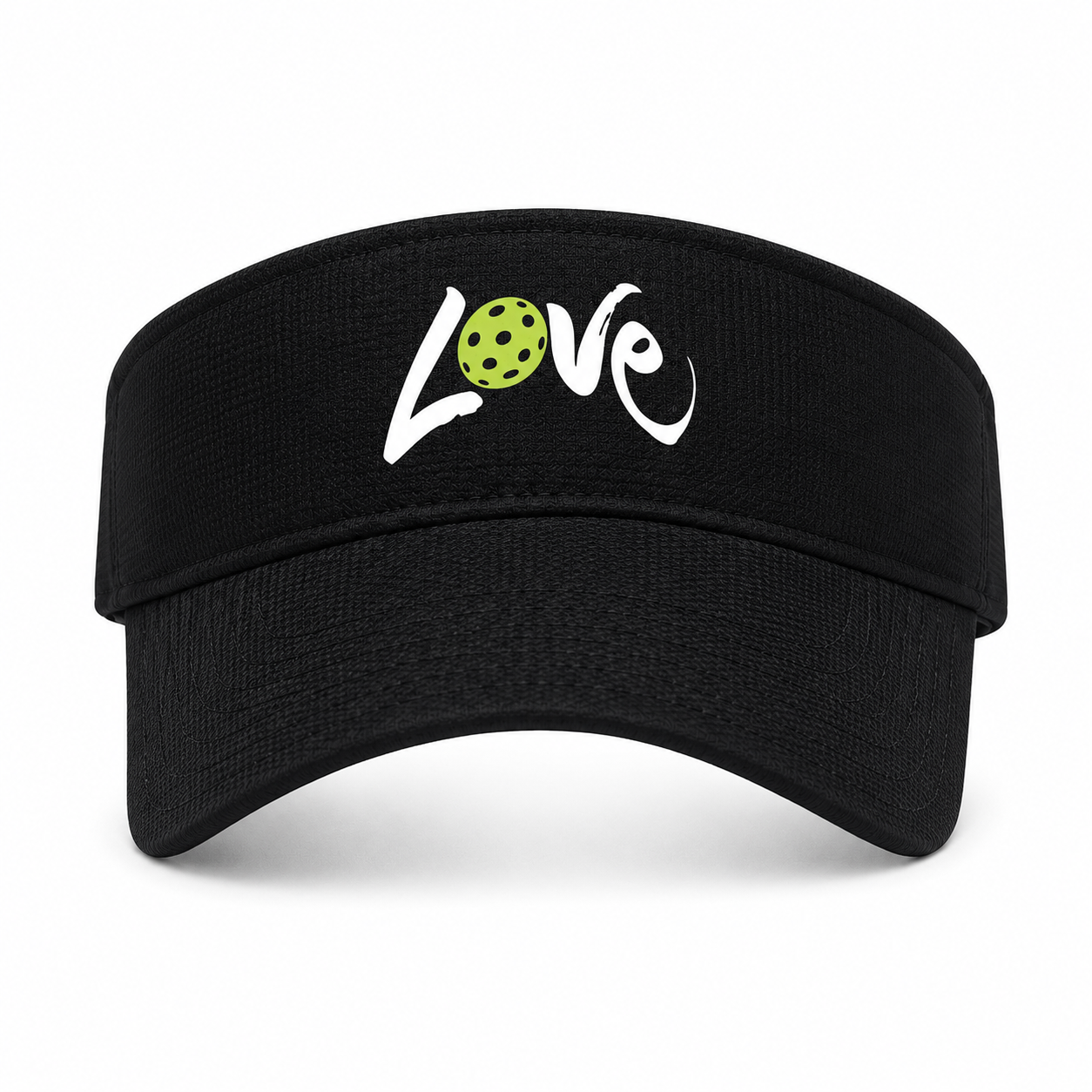 A black visor hat featuring a stylized white 'Love' graphic on the front, where the letter 'o' is replaced by a green perforated golf ball, shown against a plain white background.