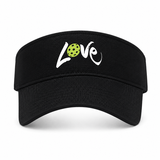A black visor hat featuring a stylized white 'Love' graphic on the front, where the letter 'o' is replaced by a green perforated golf ball, shown against a plain white background.