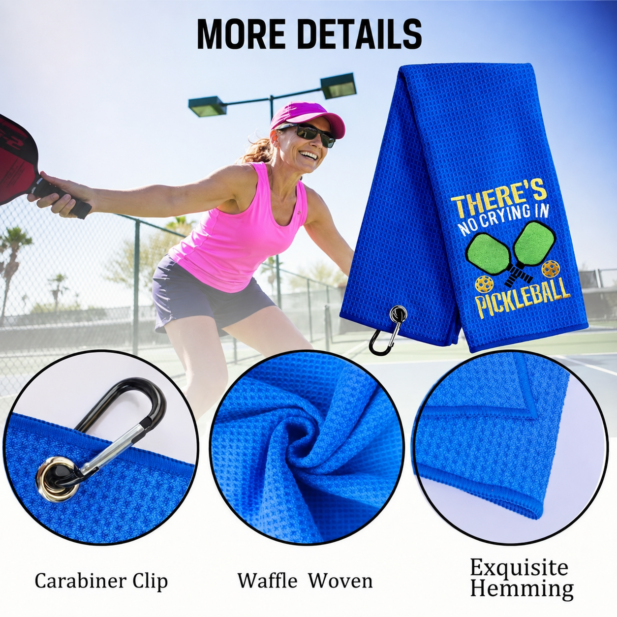Blue pickleball towel with a carabiner clip, shown alongside a woman playing pickleball on a court and three circular detail close-ups highlighting the waffle weave, carabiner clip, and hem.