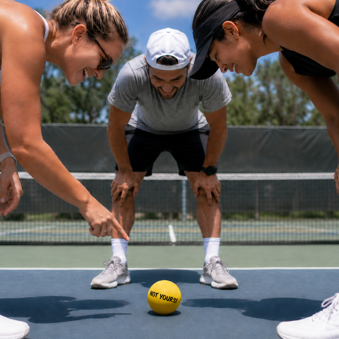 Three people on an outdoor tennis court gather around a yellow ball printed with the words 'GET YOURS!' under bright daylight.