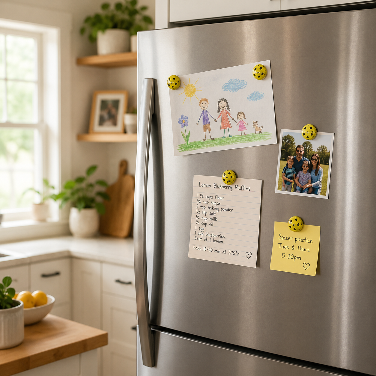 A stainless steel refrigerator in a bright kitchen, decorated with yellow magnetic smiley-face magnets holding a children's drawing, a recipe note, a family photo, and a yellow sticky note.
