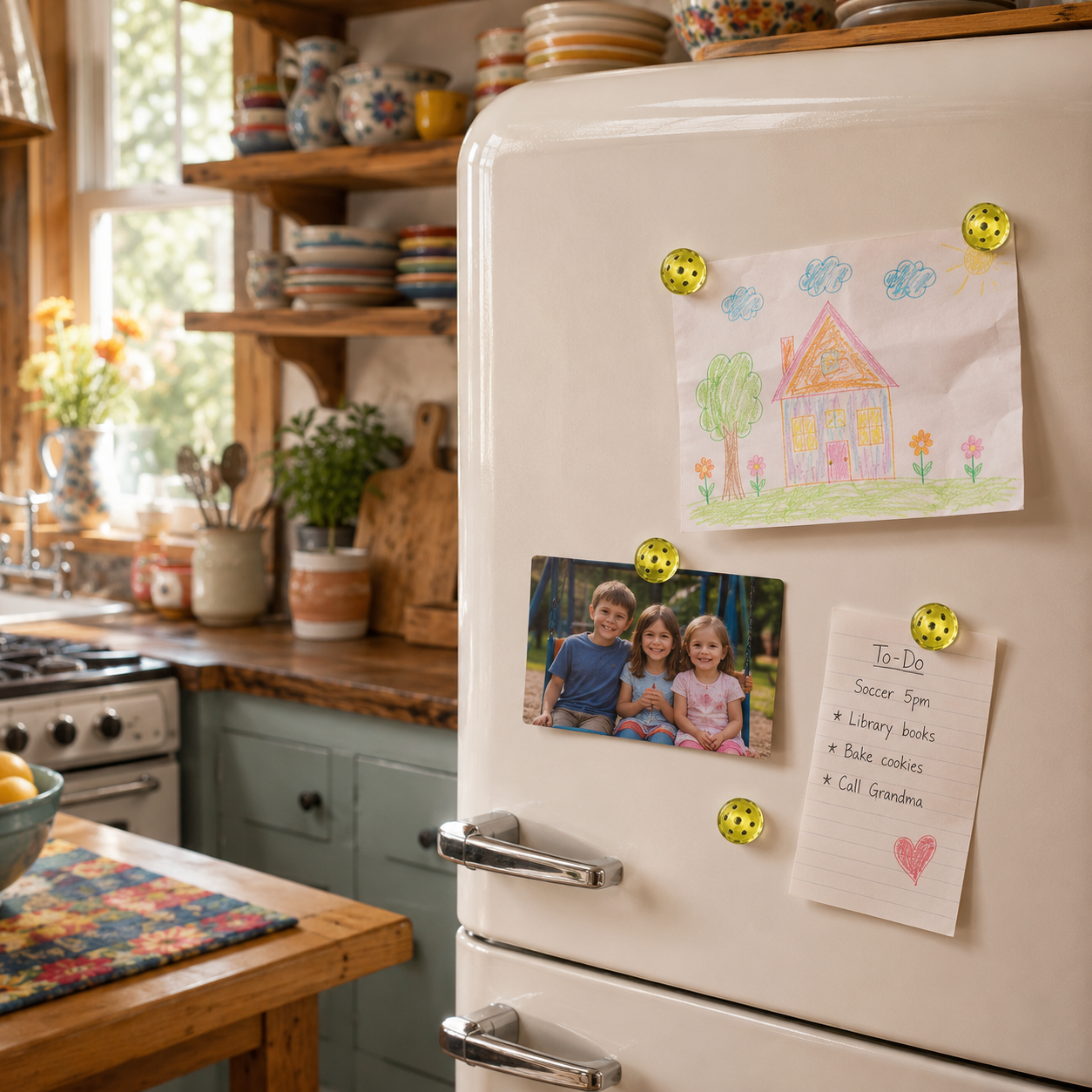 A cream-colored vintage-style refrigerator in a cozy kitchen setting, decorated with colorful children's drawings, a family photo, and a handwritten recipe note held by yellow smiley-face magnets.