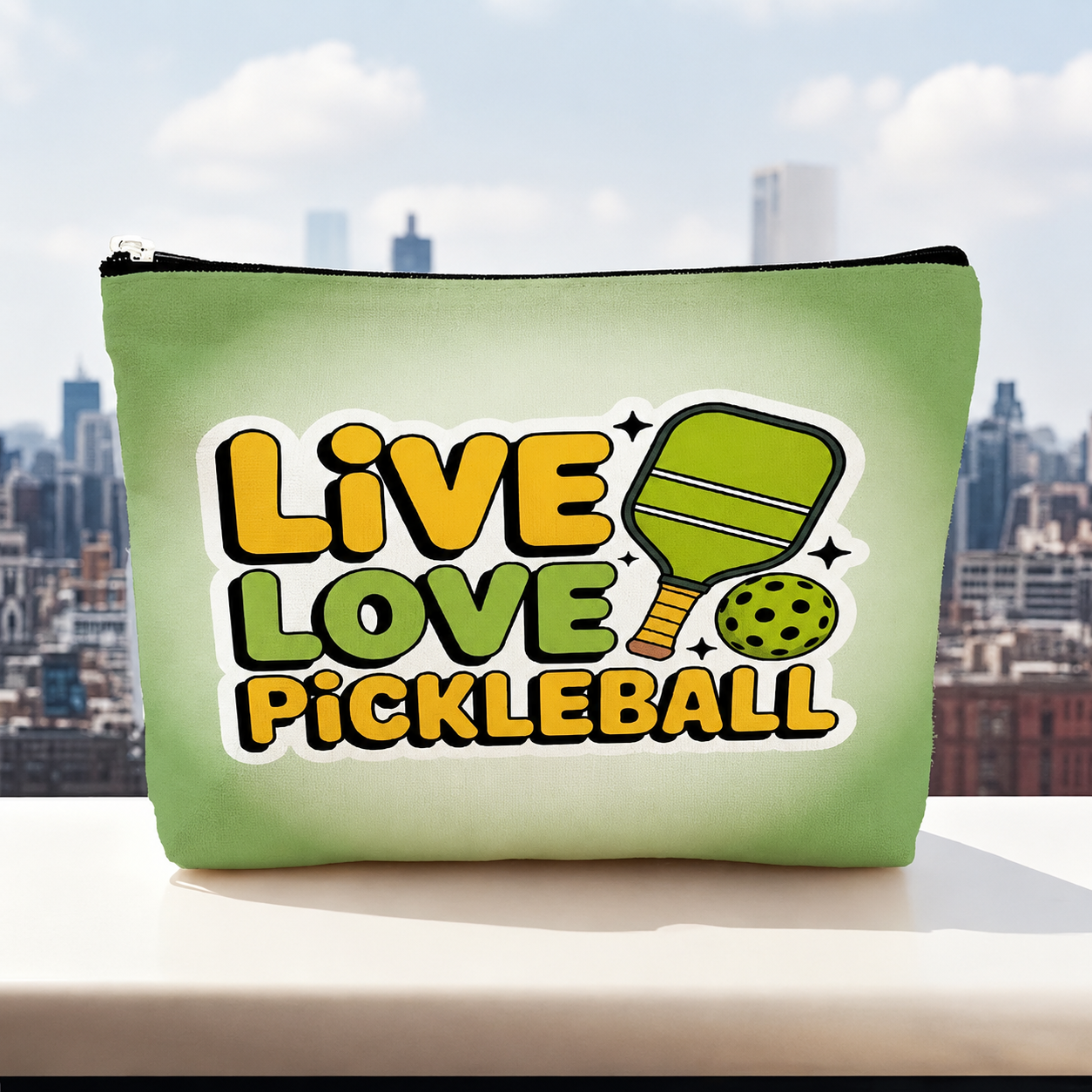 A light green zippered pouch with a 'Live Love Pickleball' graphic, set against a blurred city skyline background.