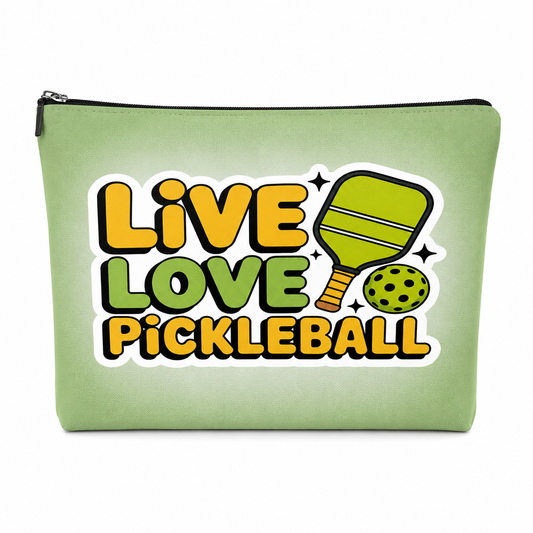 A light green zippered pouch featuring a bold graphic print that reads 'Live Love Pickleball' in yellow and green lettering, accompanied by illustrations of a pickleball paddle and ball.