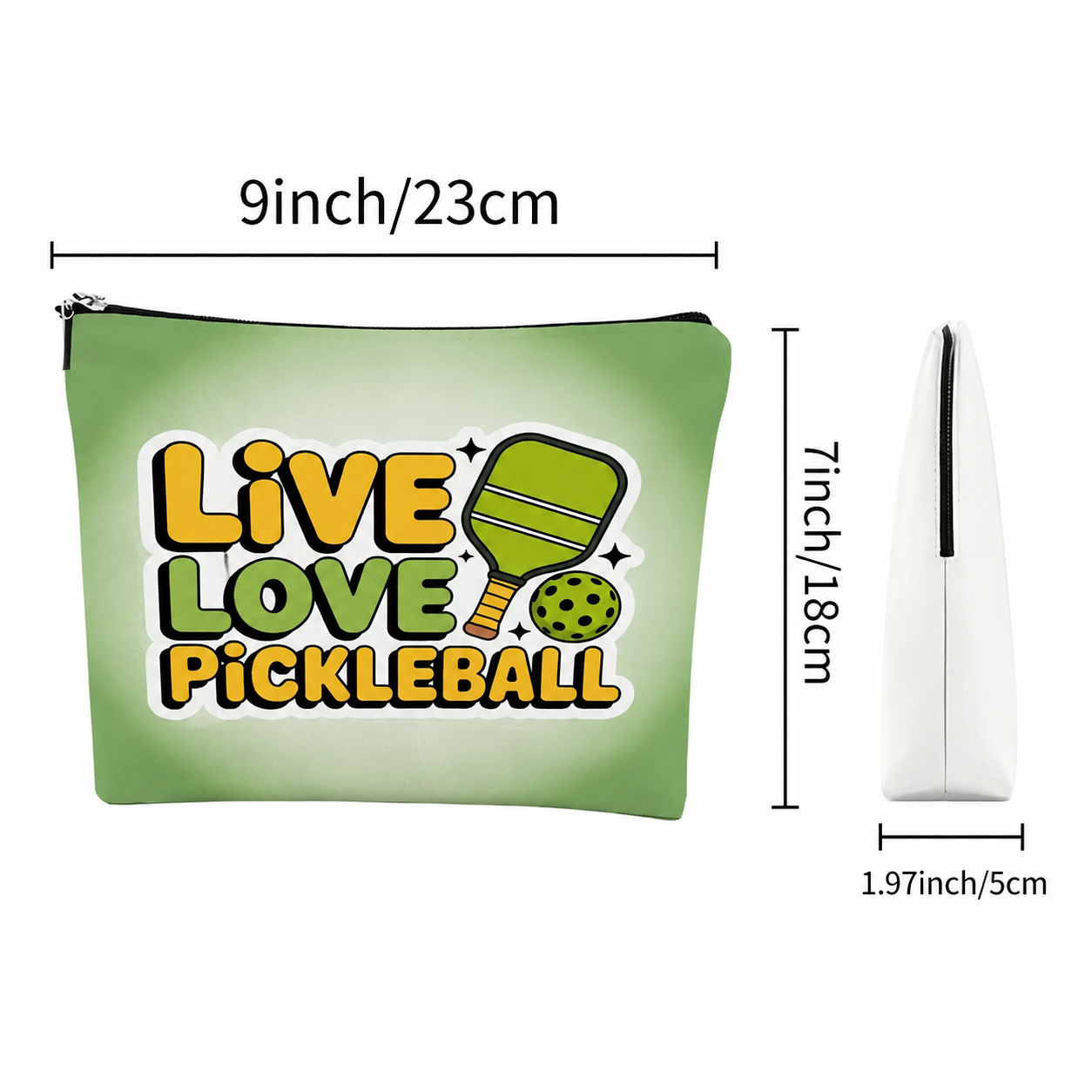 A green zippered pouch with a 'Live Love Pickleball' graphic, shown with dimension lines indicating 9 inches by 7 inches and a side profile of 1.97 inches, on a white background.