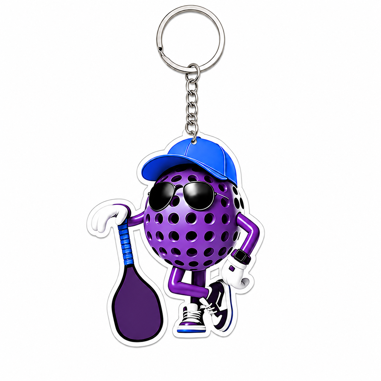A cartoon golf ball keychain character in a blue cap and sunglasses, holding a purple golf club, with a silver split ring on a white background.