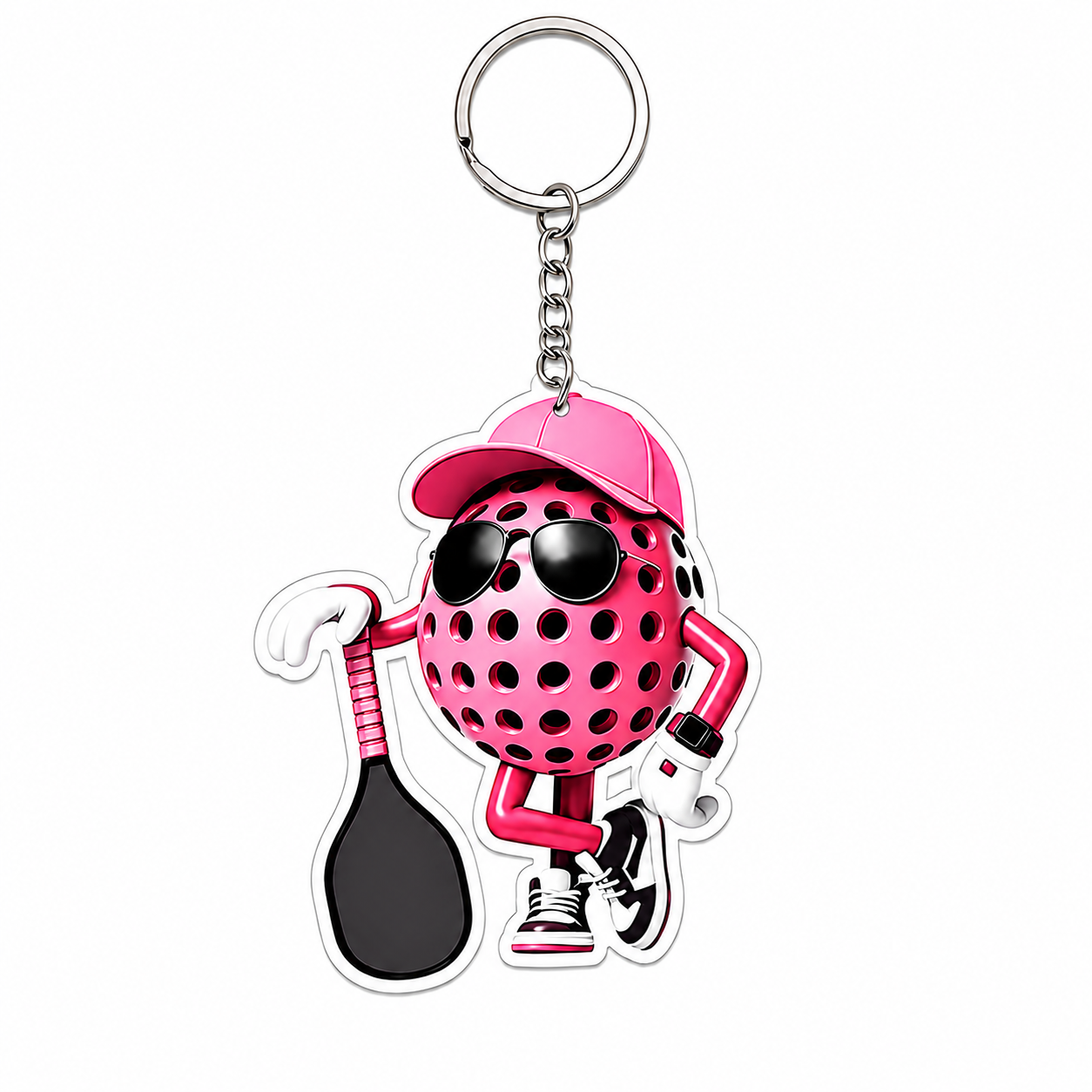A novelty keychain featuring a cartoon golf ball character wearing a pink cap, black sunglasses, and pink sneakers, holding a black golf club. The keychain has a silver metal split ring and chain, set against a plain white background.