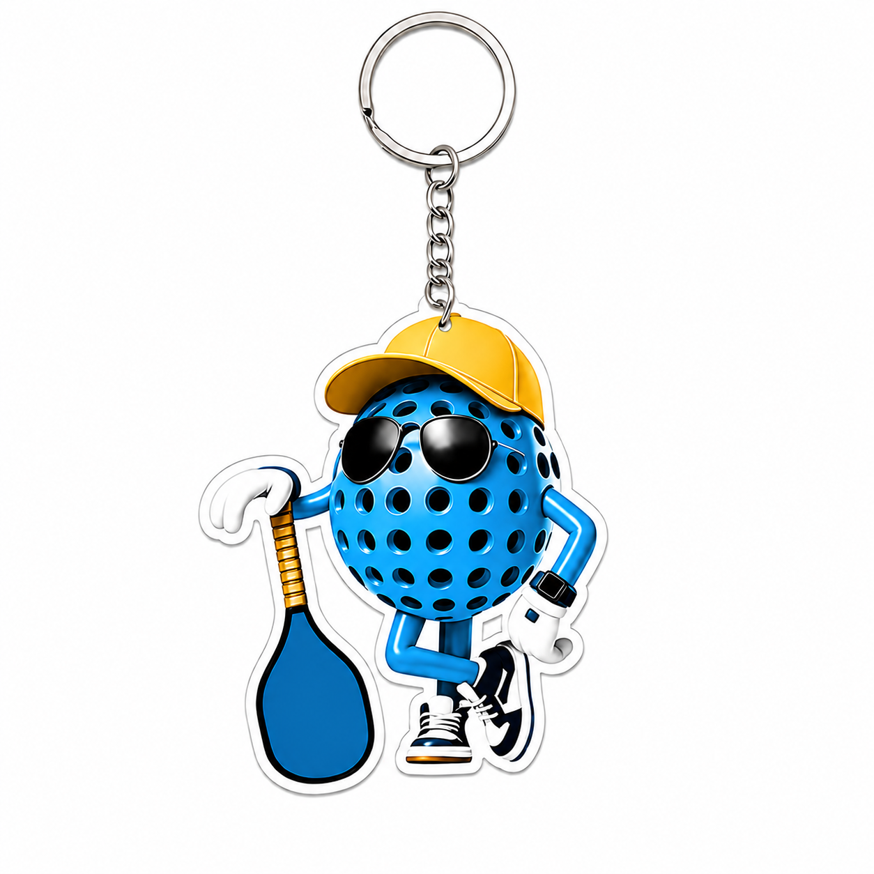 A cartoon-style keychain featuring a blue perforated character wearing a yellow cap, black sunglasses, and blue shoes, holding a blue and yellow paddle, attached to a silver metal key ring on a plain white background.