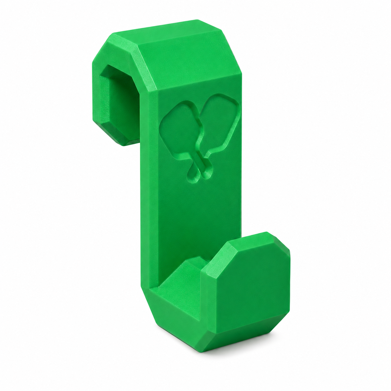 A bright green plastic wall hook with a low-poly geometric design and an embossed pixel-art face, shown on a clean white background.