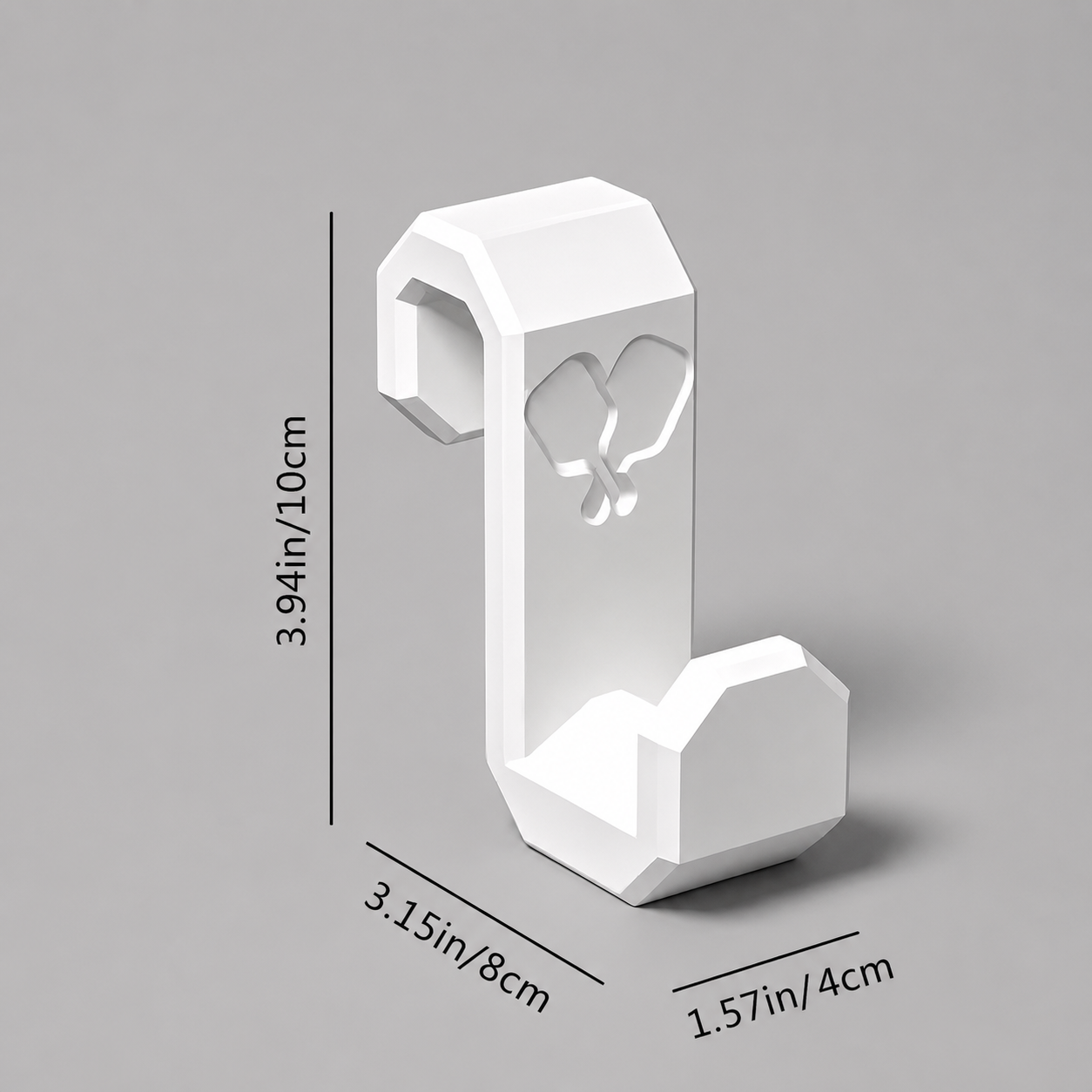 White plastic wall hook with dimension annotations showing height of 3.94in (10cm), width of 3.