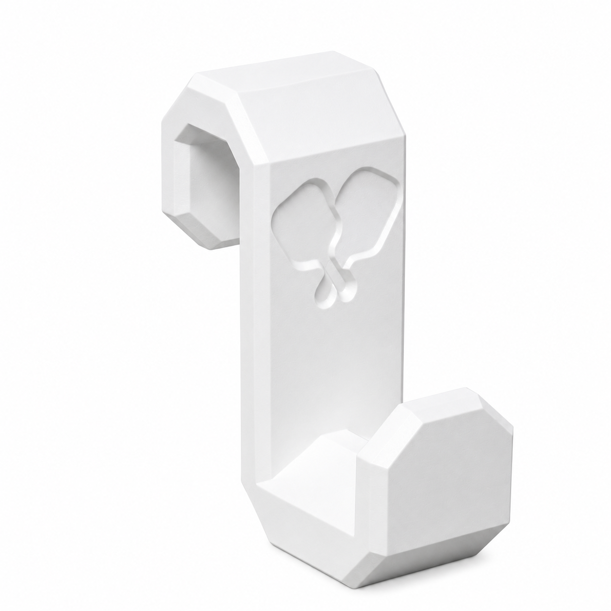 A white geometric wall hook with a butterfly cutout on its side, shown against a plain white background.
