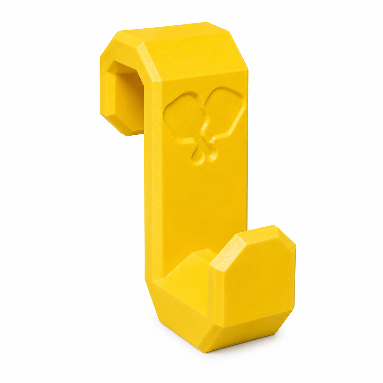 A bright yellow, geometric dumbbell-shaped weight plate on a clean white background.
