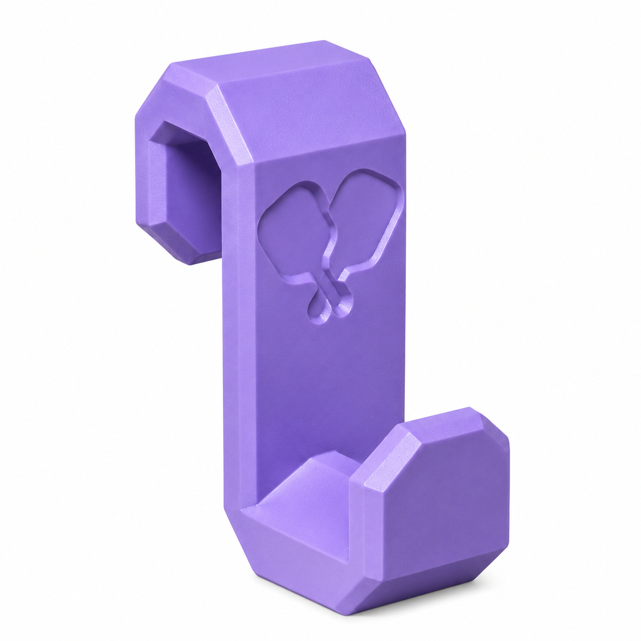 A purple plastic phone stand with a geometric, faceted design and a butterfly cutout on the front, shown on a plain white background.
