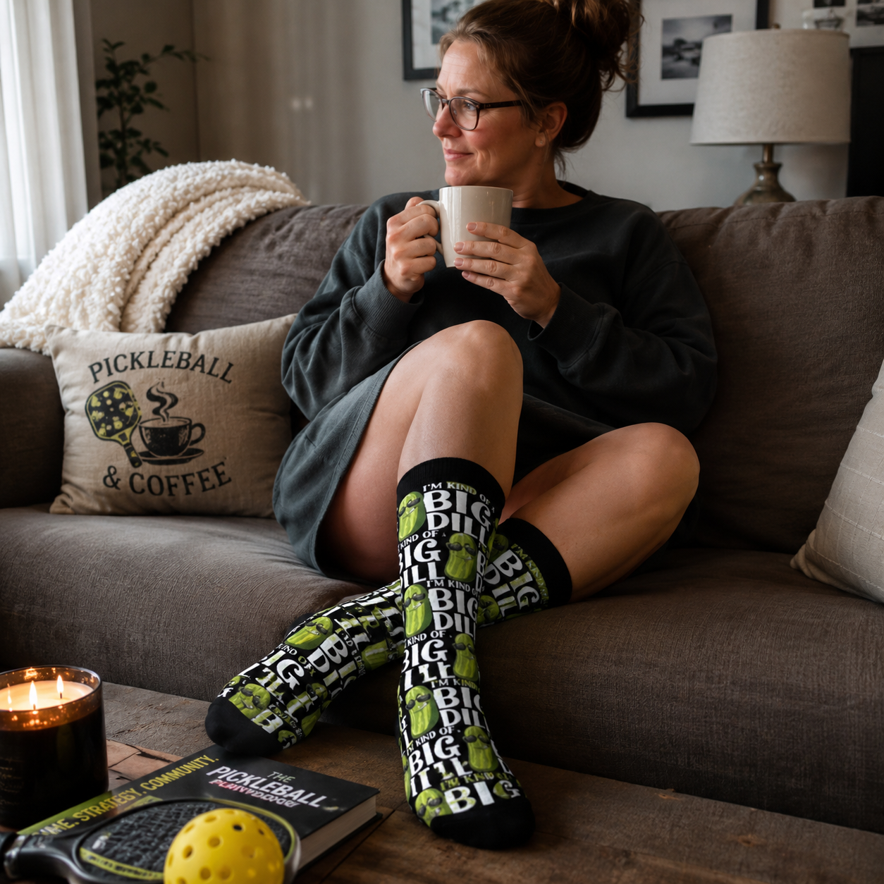 A woman sits on a brown couch holding a mug, wearing dark gray socks with a green and white pickleball-themed pattern. A pillow on the couch reads 'PICKLEBALL & COFFEE', and a book and candle are on the table in the foreground.
