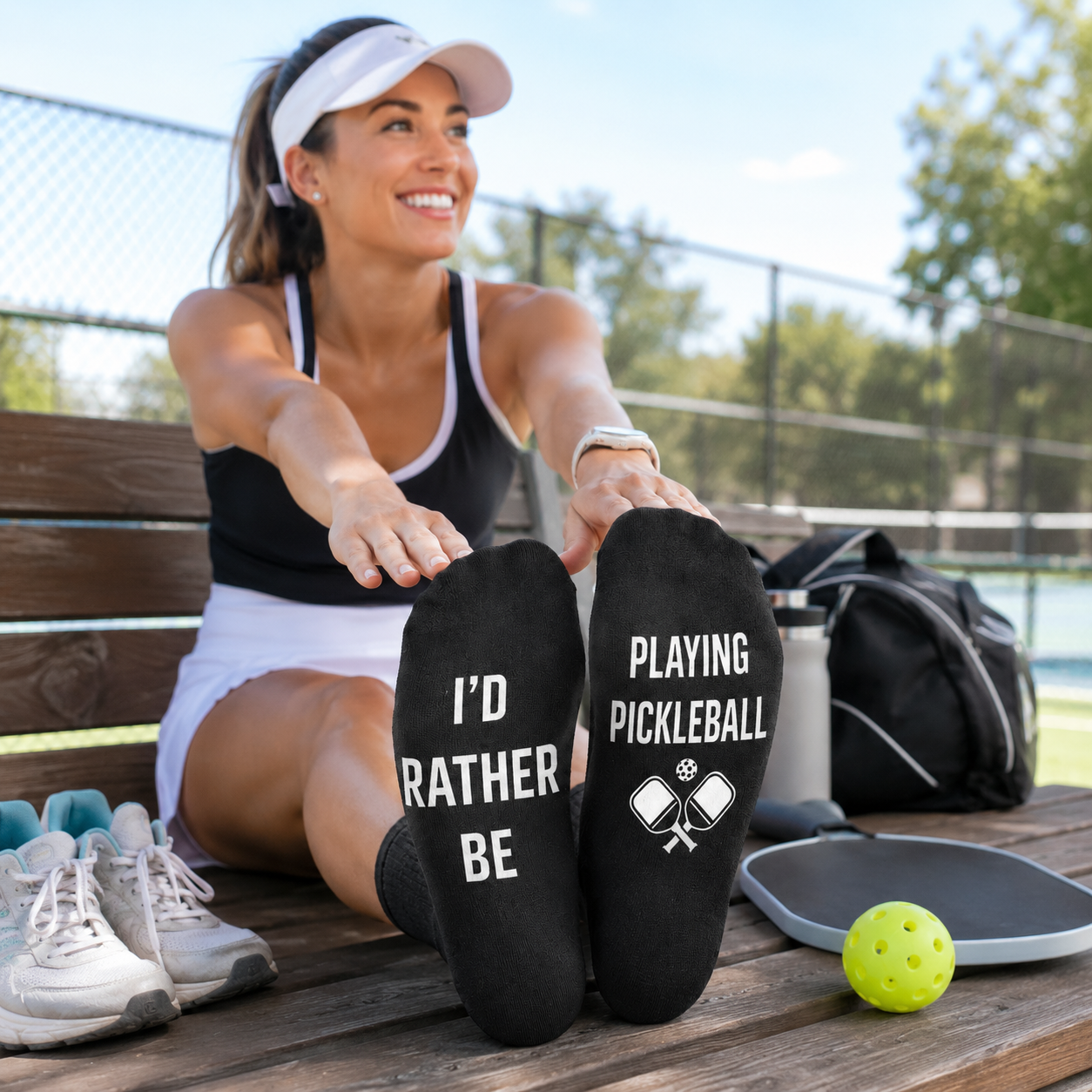 A woman sitting on a wooden bench at a pickleball court stretches while wearing black socks with white text that reads 'I'D RATHER BE' on one foot and 'PLAYING PICKLEBALL' with a crossed paddle graphic on the other. A black duffel bag, pickleball paddle, and lime green pickleball are nearby.