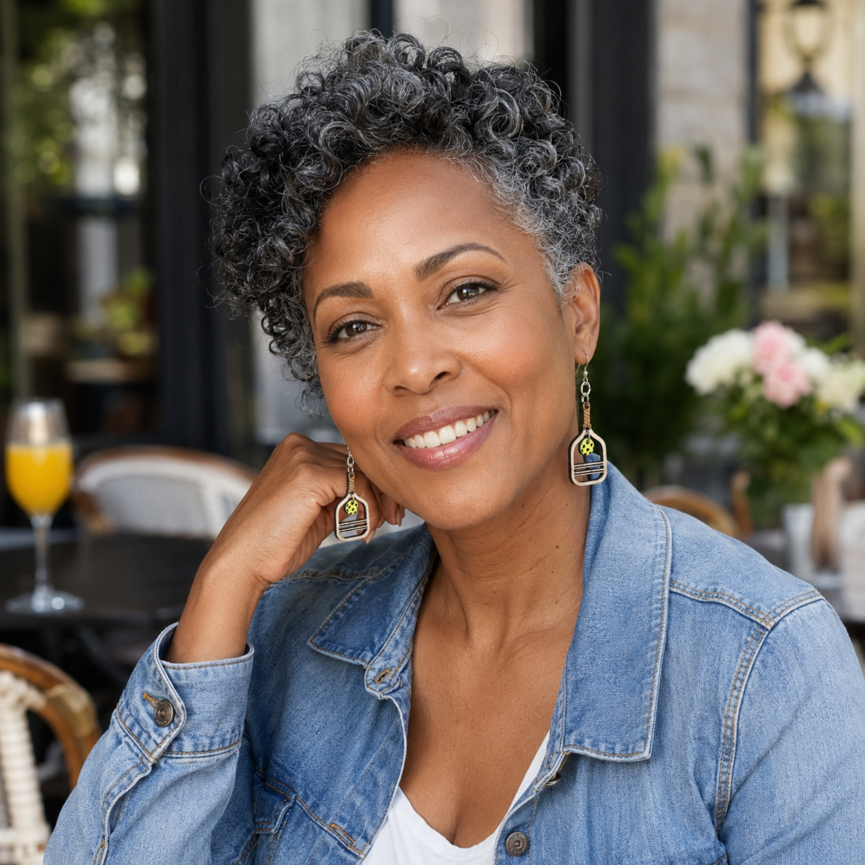 A smiling woman with short curly gray hair wearing a light blue denim jacket and matching geometric drop earrings, posed at an outdoor cafe table with a glass of orange juice in the background.