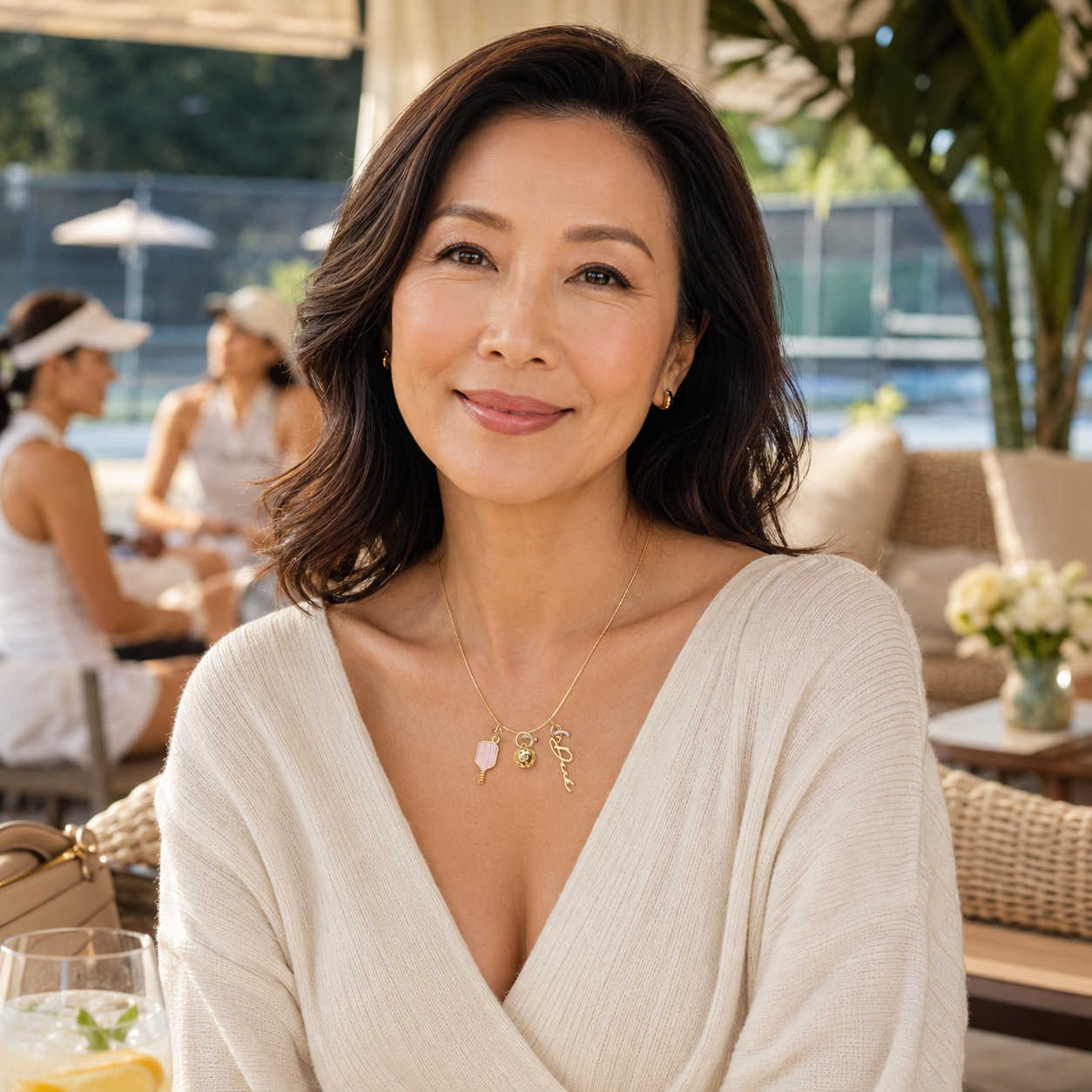 A smiling woman with shoulder-length dark brown hair is shown in a bright, sunlit outdoor patio or lounge setting. She is wearing a cream-colored wrap-style knit top and a delicate gold necklace with small charms.