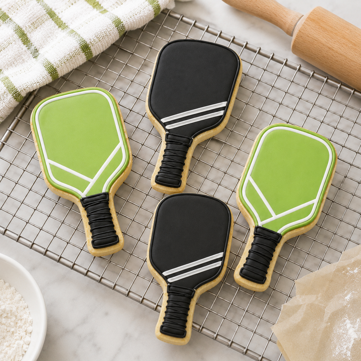 Four paddle-shaped cookies decorated like pickleball paddles, arranged on a metal cooling rack with a striped kitchen towel, rolling pin, and flour-dusted surface in the background.