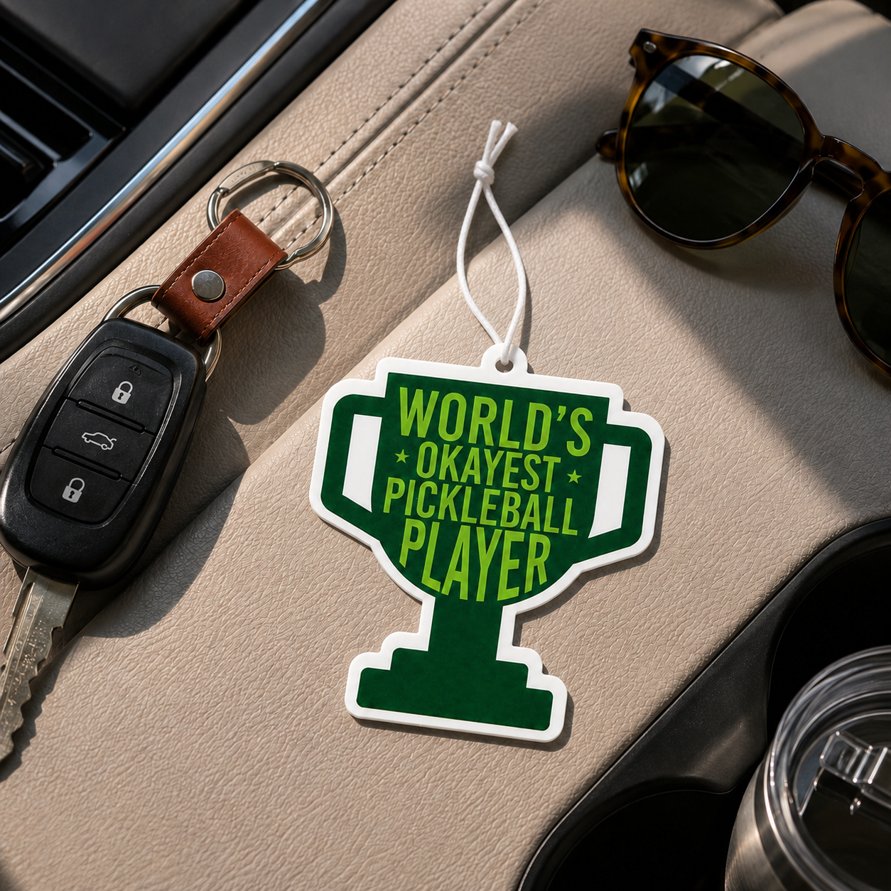 A trophy-shaped car air freshener or keychain tag with the text 'WORLD'S OKAYEST PICKLEBALL PLAYER' in green on a white background, placed on a beige car seat next to a key fob and sunglasses.