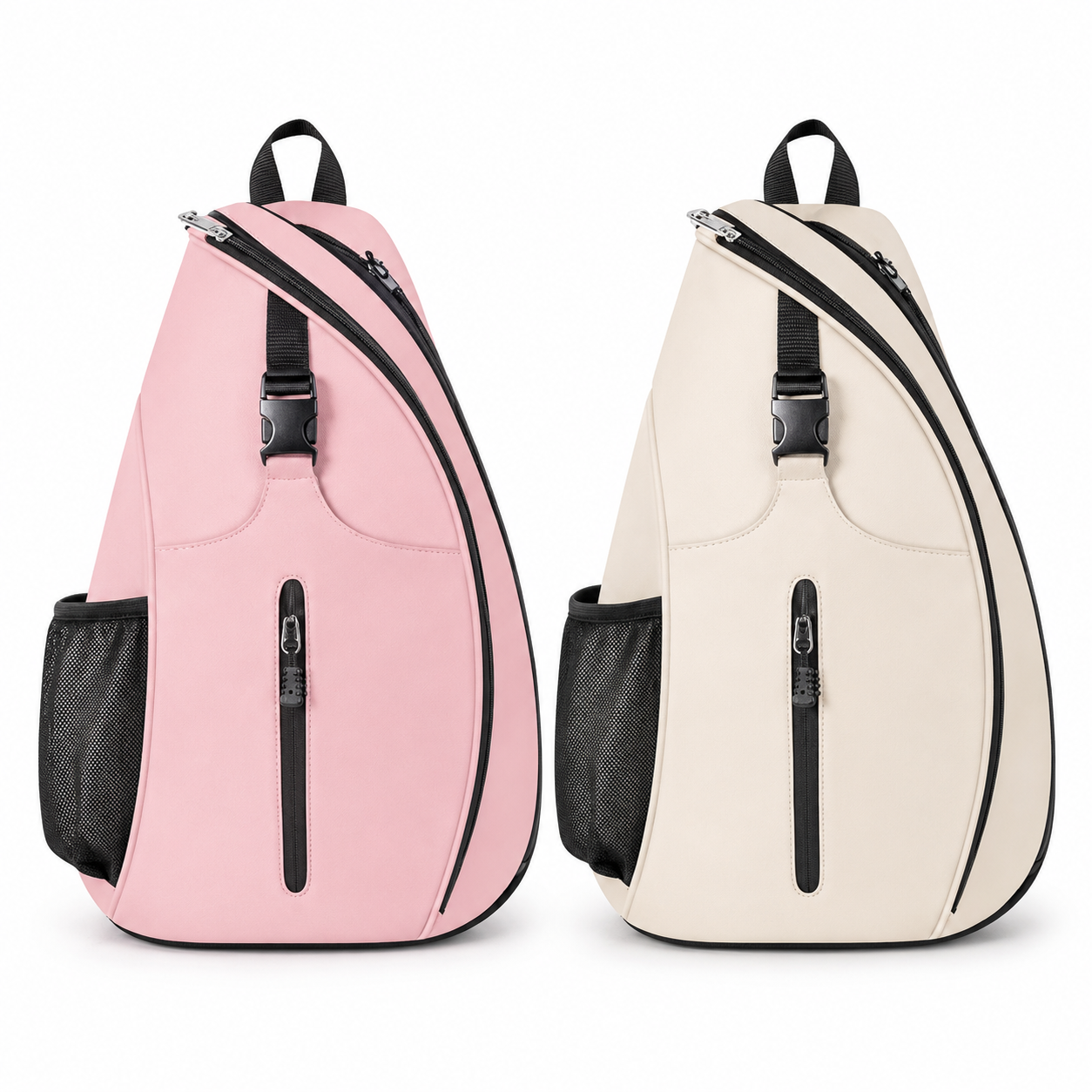 Two sling backpacks shown side by side on a white background, one in light pink and one in cream. Both have black mesh side pockets, black zipper details, and black top handles.