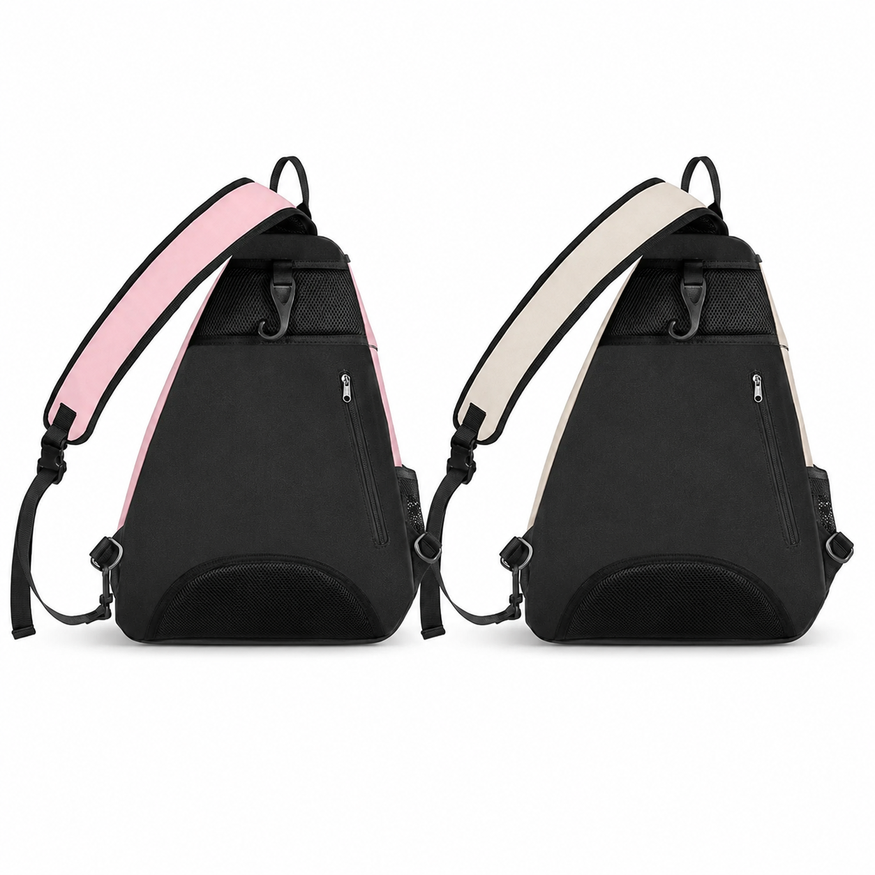 Two black sling backpacks shown side by side on a white background, one with a pink strap and one with a light beige strap.