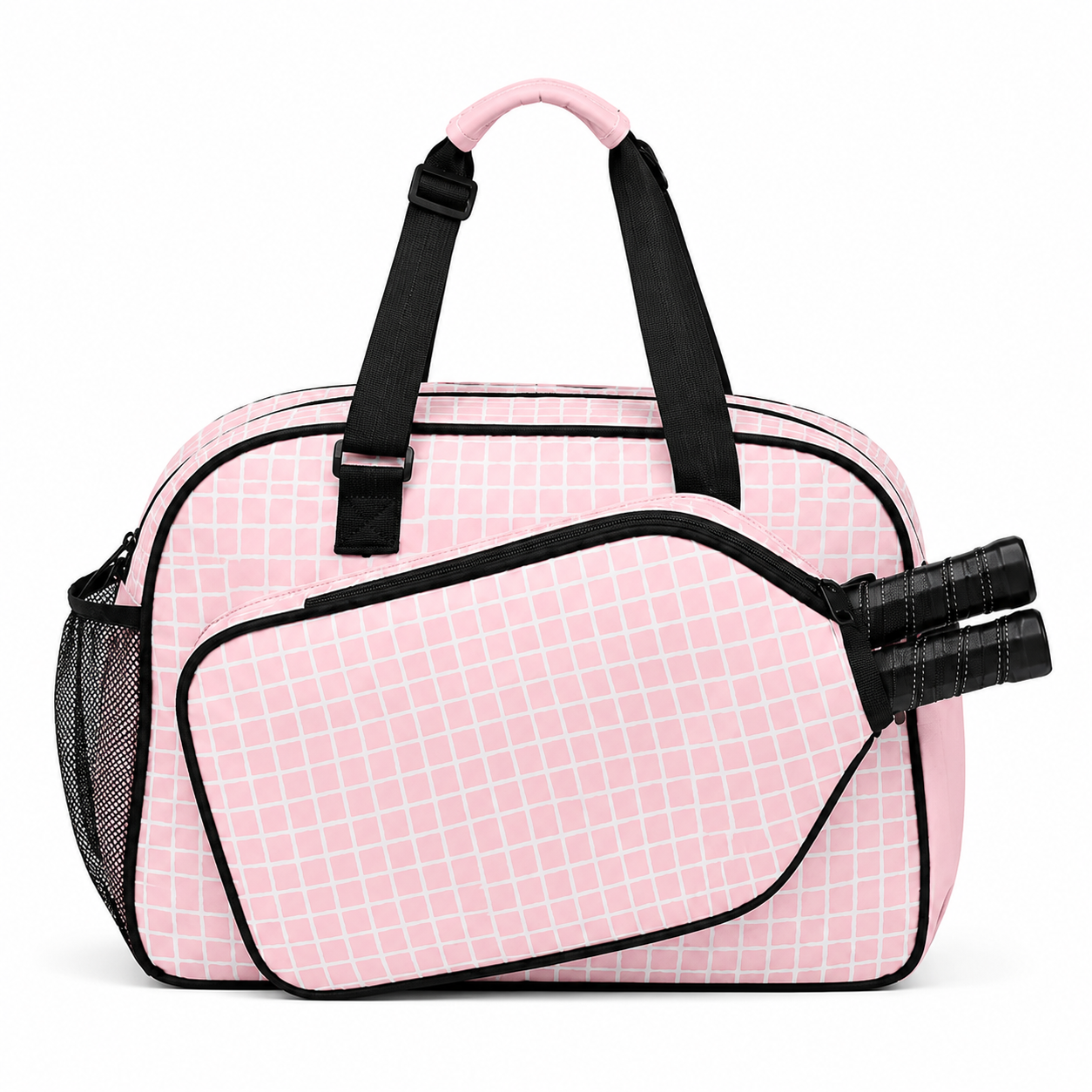 A pink and white checkered duffel bag with black trim, dual top handles, a side mesh pocket, and two tennis rackets resting on the front pocket, set against a plain white background.
