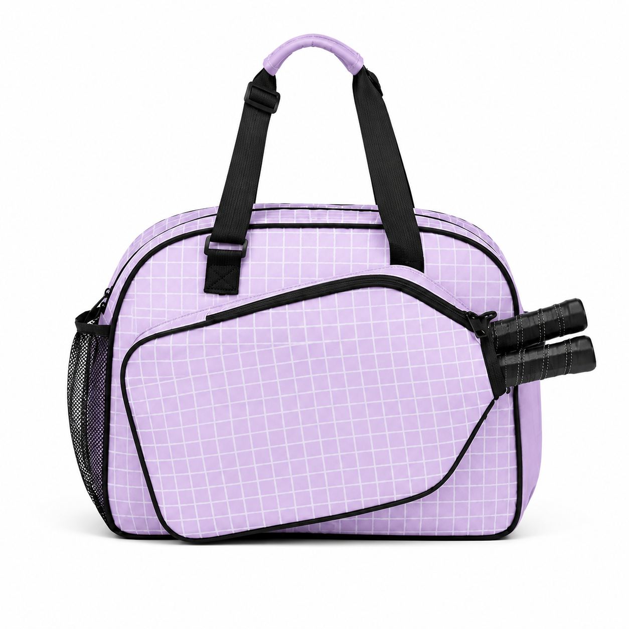 A light purple tennis bag with a subtle grid pattern, black handles, and black trim, shown on a plain white background.