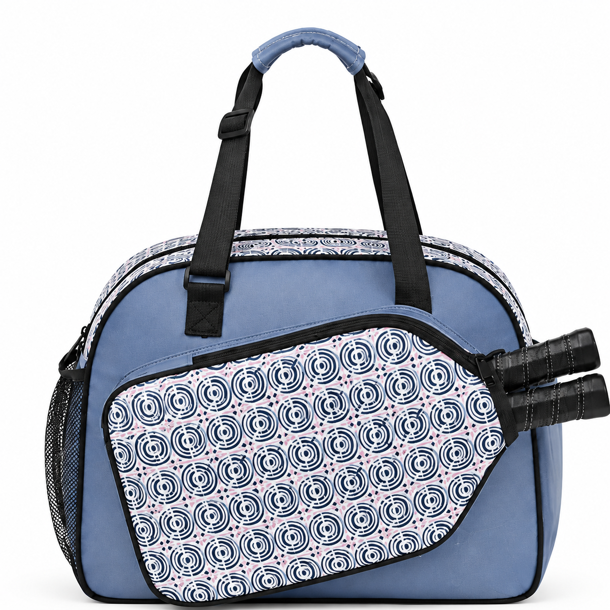 A blue and white patterned duffel bag with black handles and trim, shown on a plain white background.
