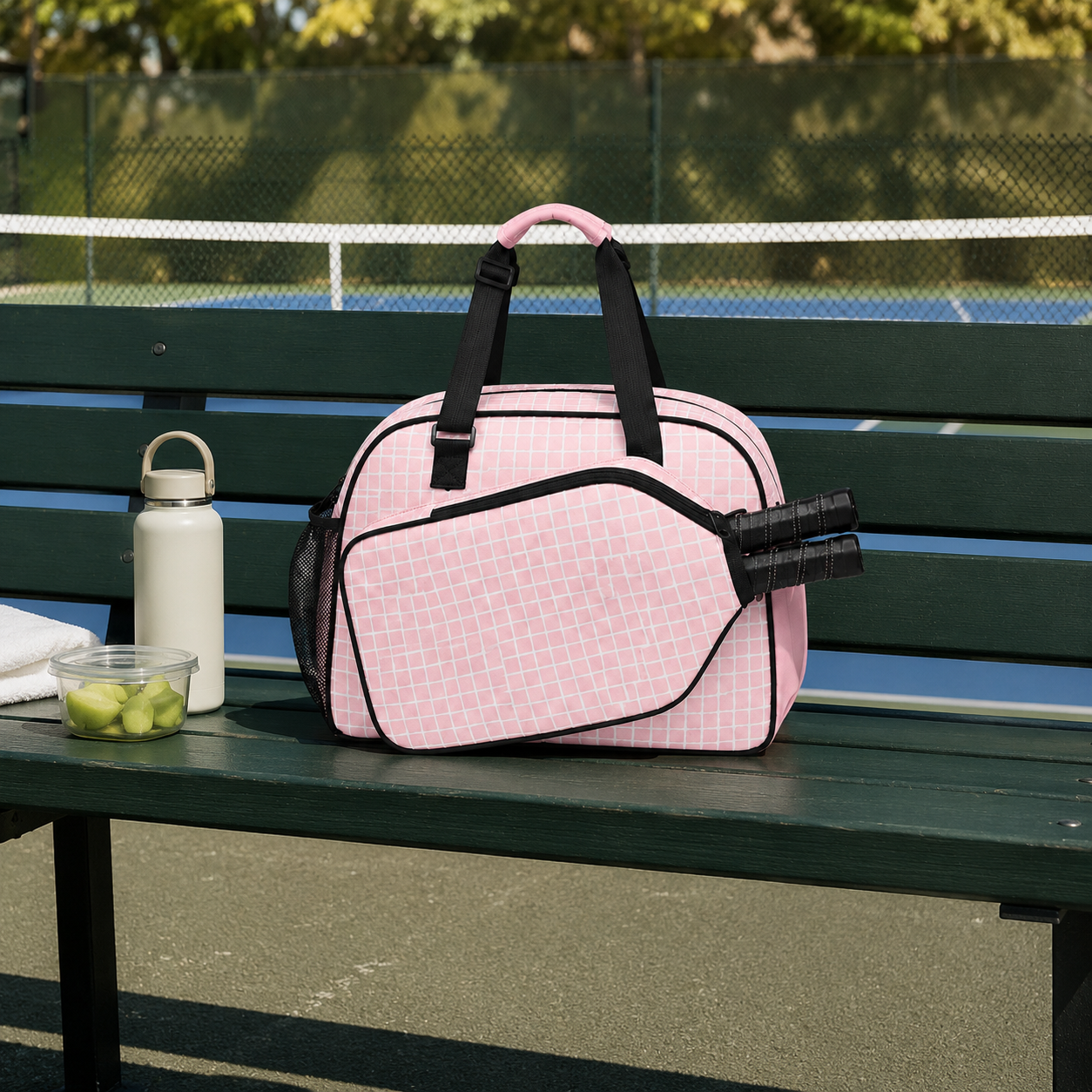 A pink and white checkered tennis duffel bag with black handles sits on a green tennis court bench next to a water bottle and a bowl of lime slices.