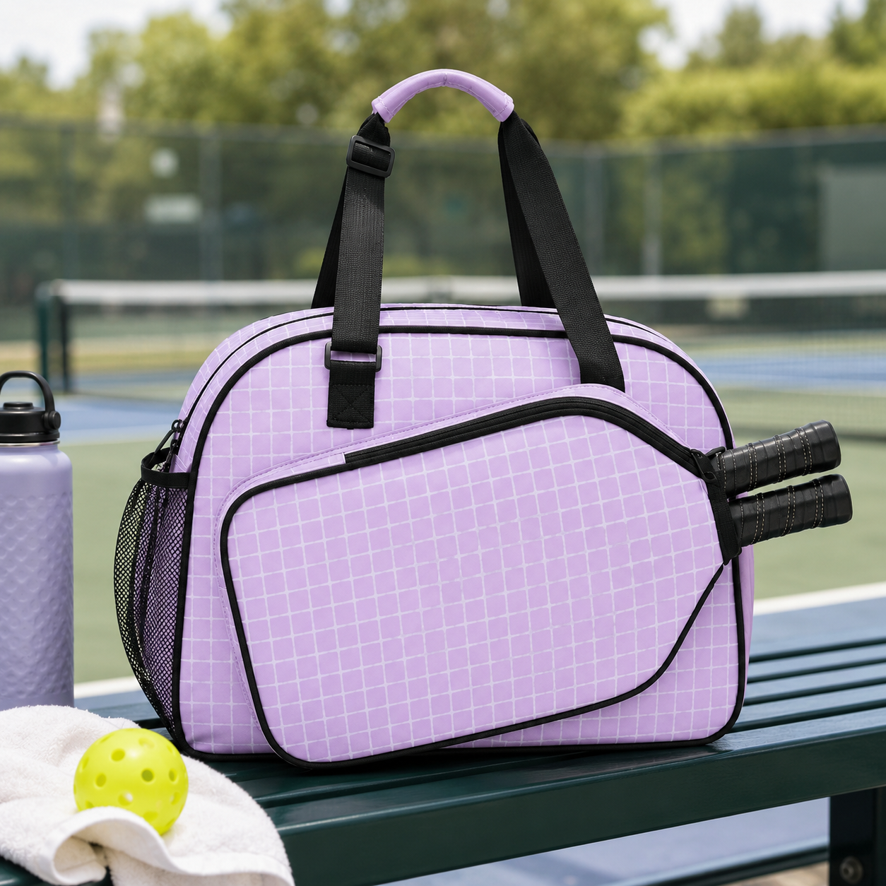 A light purple tennis bag with a subtle grid pattern, black straps, and black trim, sitting on a green tennis court bench. A purple water bottle, a yellow tennis ball, and a white towel are placed next to it, with a tennis court and trees blurred in the background.