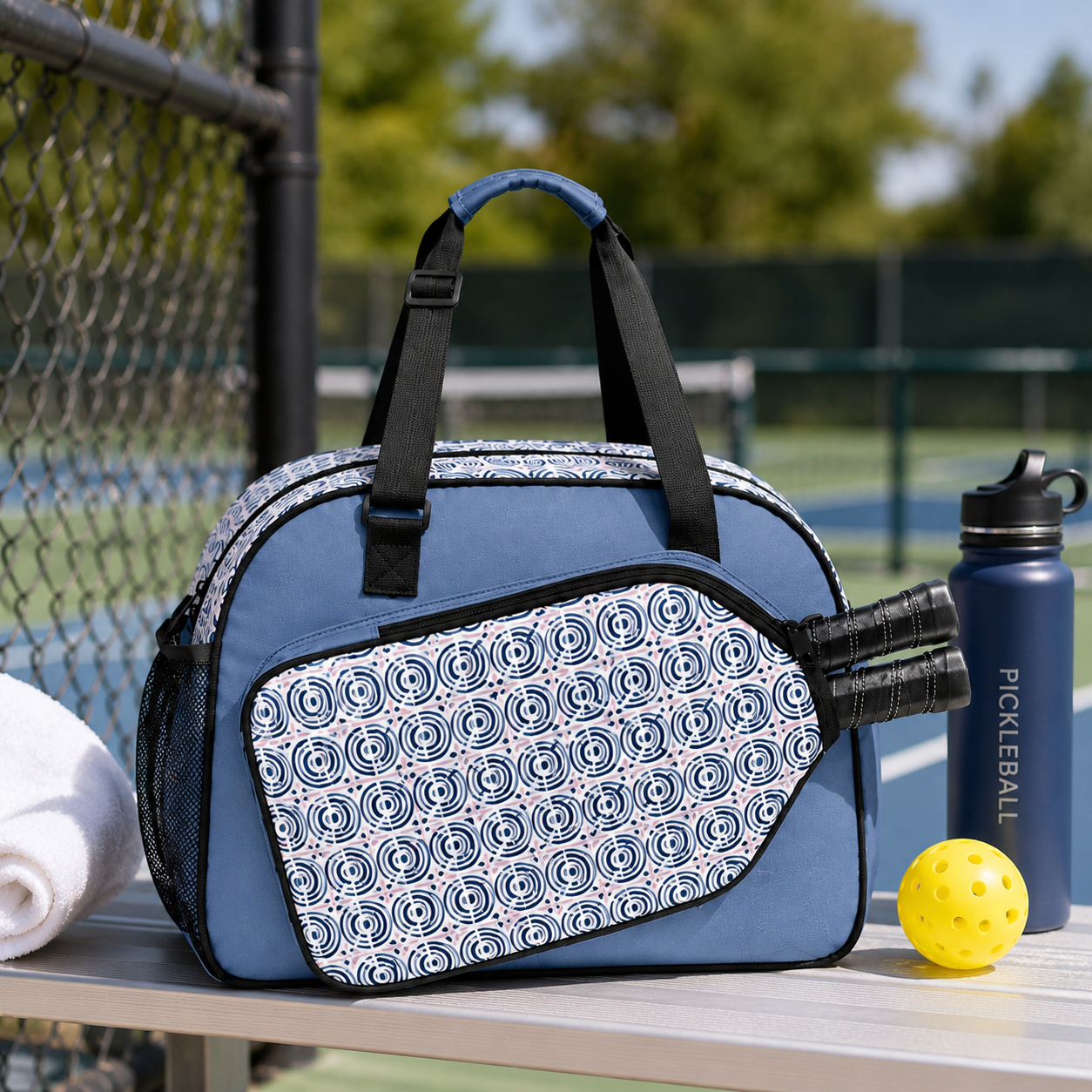 A blue pickleball bag with a white and blue geometric patterned front panel sits on a tennis court bench next to a blue pickleball water bottle and a yellow pickleball. A chain-link fence and green trees are blurred in the background.